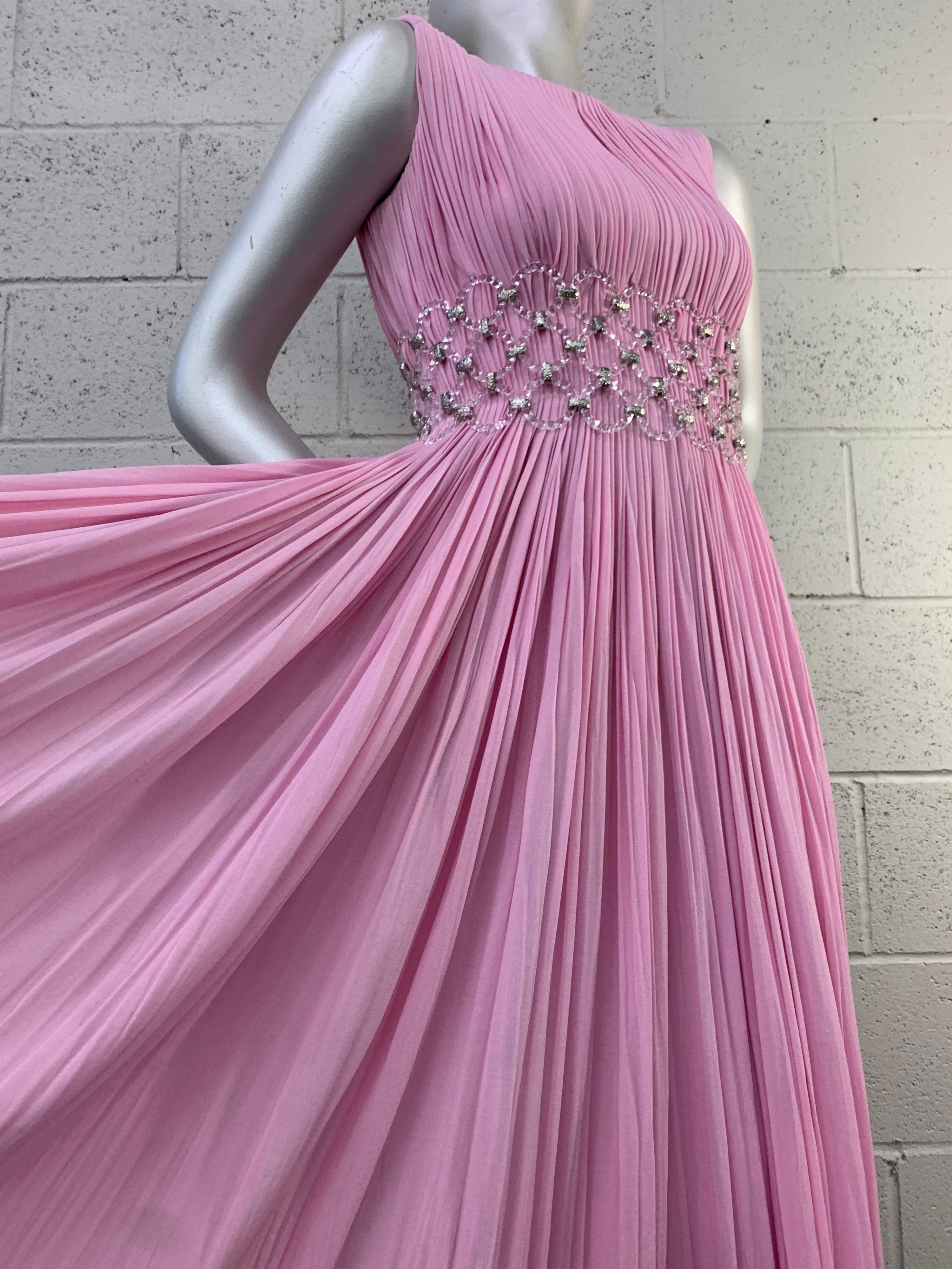 1960 Jean-Louis Peony Pink Silk Sleeveless Goddess Gown w/ Lucite Mesh Waist 8
