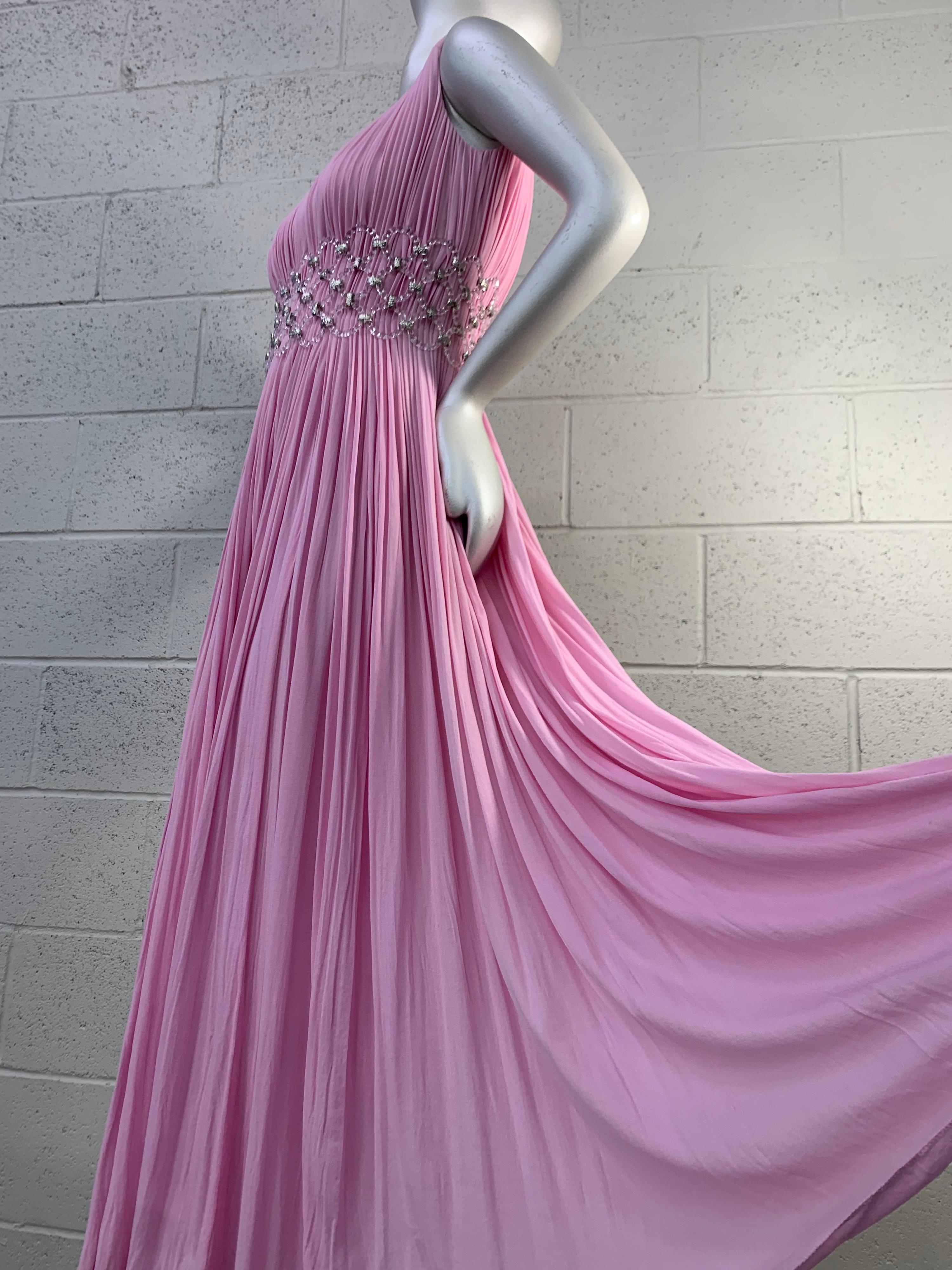 1960 Jean-Louis Peony Pink Silk Sleeveless Goddess Gown w/ Lucite Mesh Waist 9