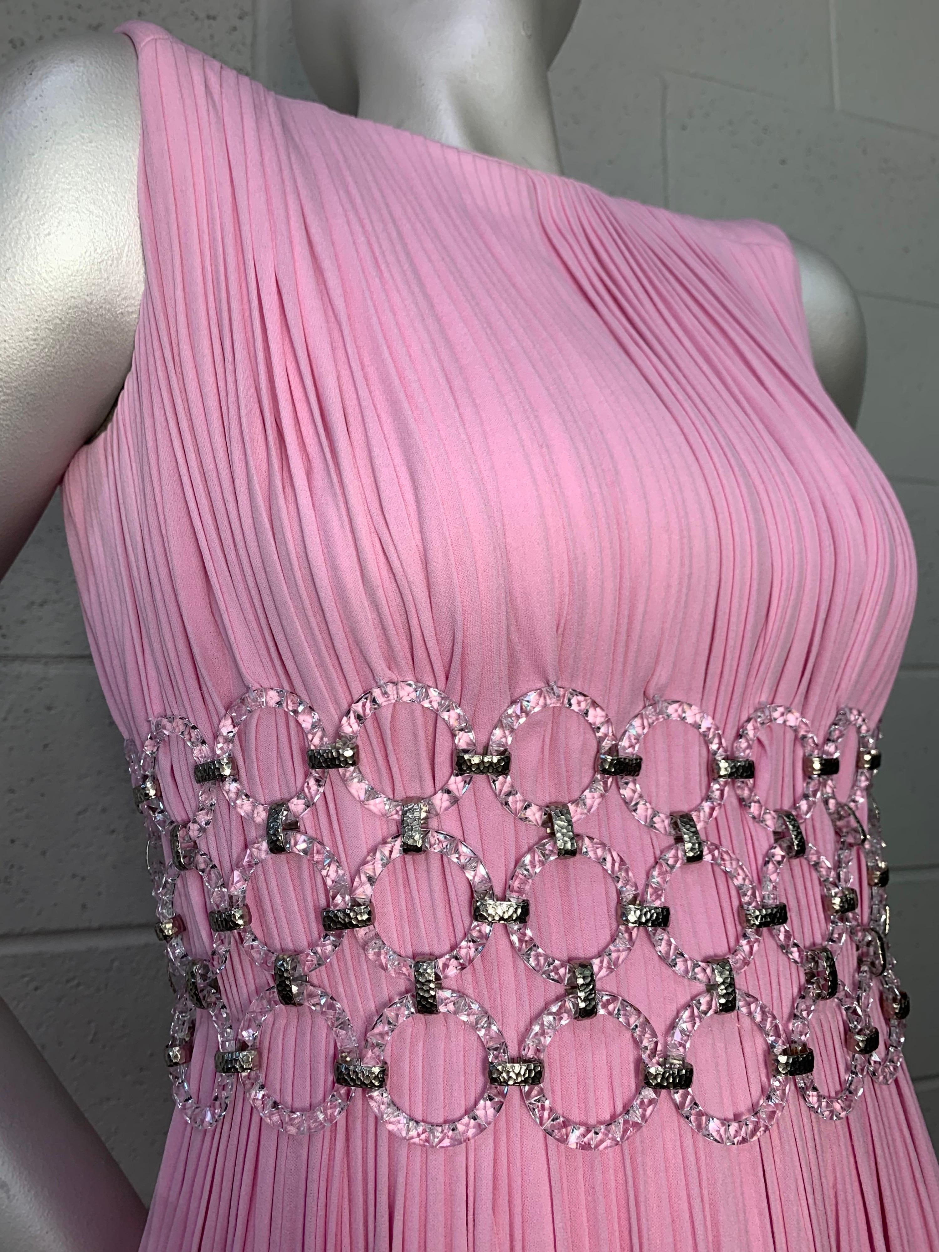 1960 Jean-Louis Peony Pink Silk Sleeveless Goddess Gown w/ Lucite Mesh Waist 10