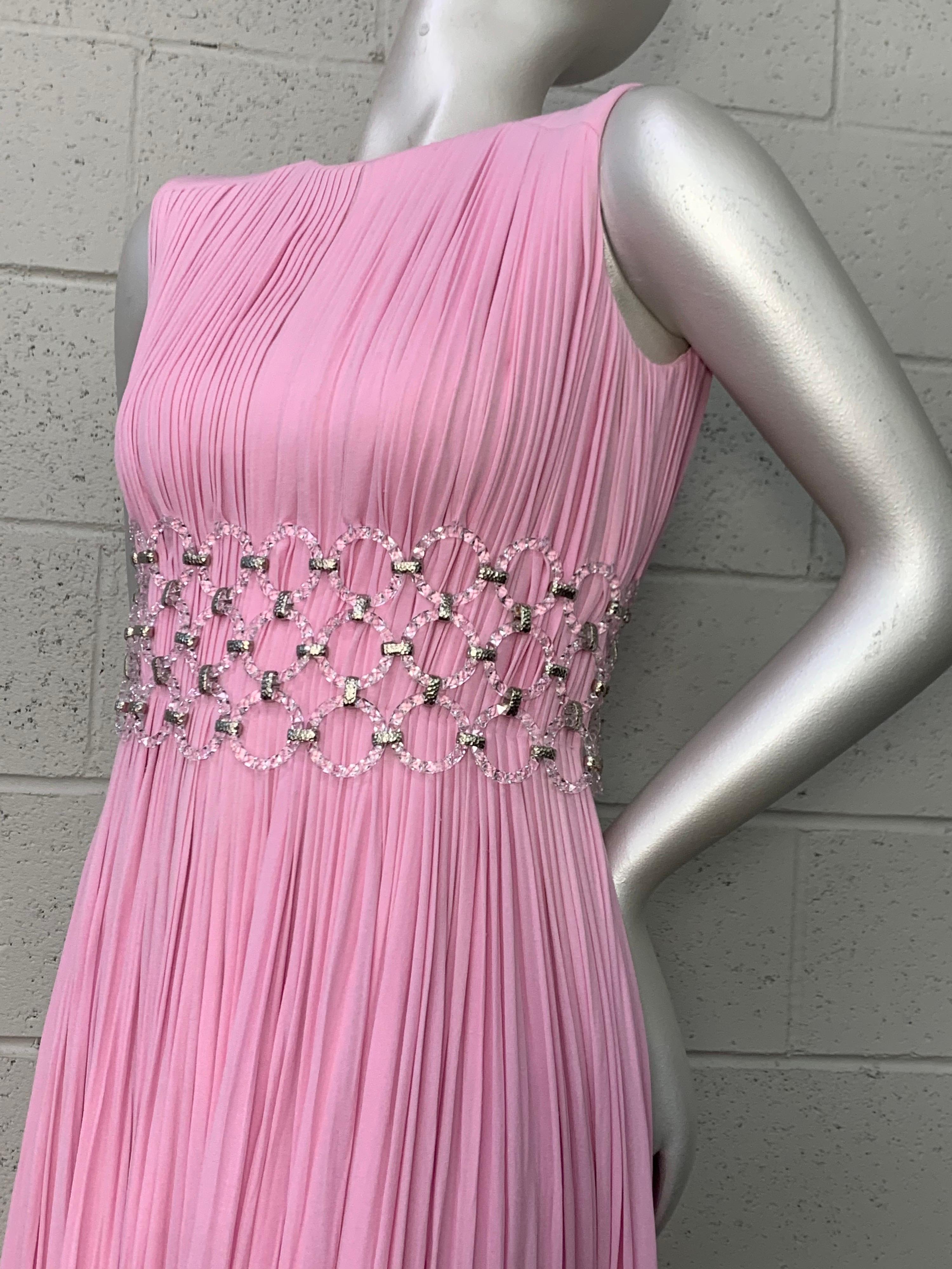 1960 Jean-Louis Peony Pink Silk Sleeveless Goddess Gown w/ Lucite Mesh Waist 11