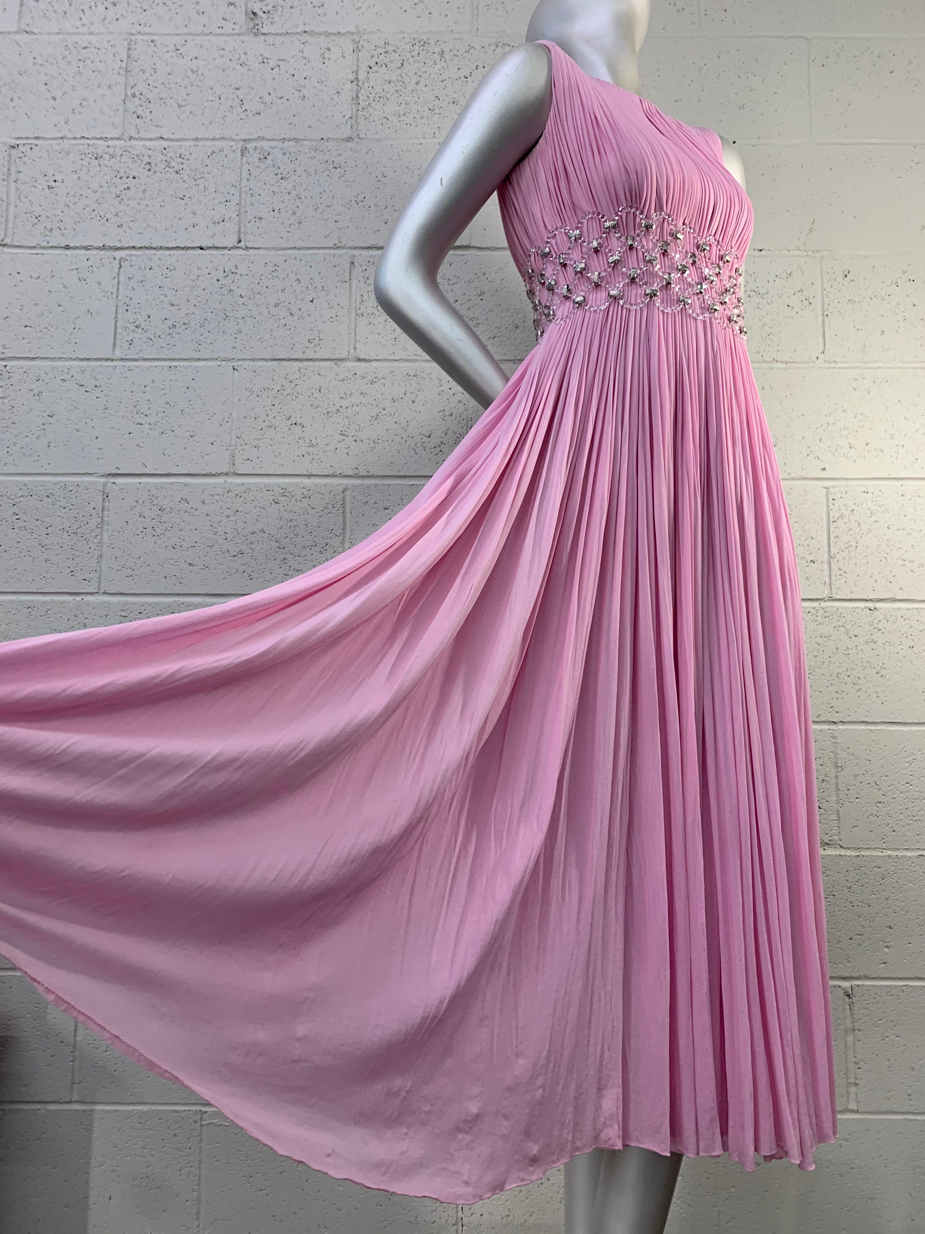 1960 Jean-Louis Peony Pink Silk Sleeveless Goddess Gown w/ Lucite Mesh Waist 12