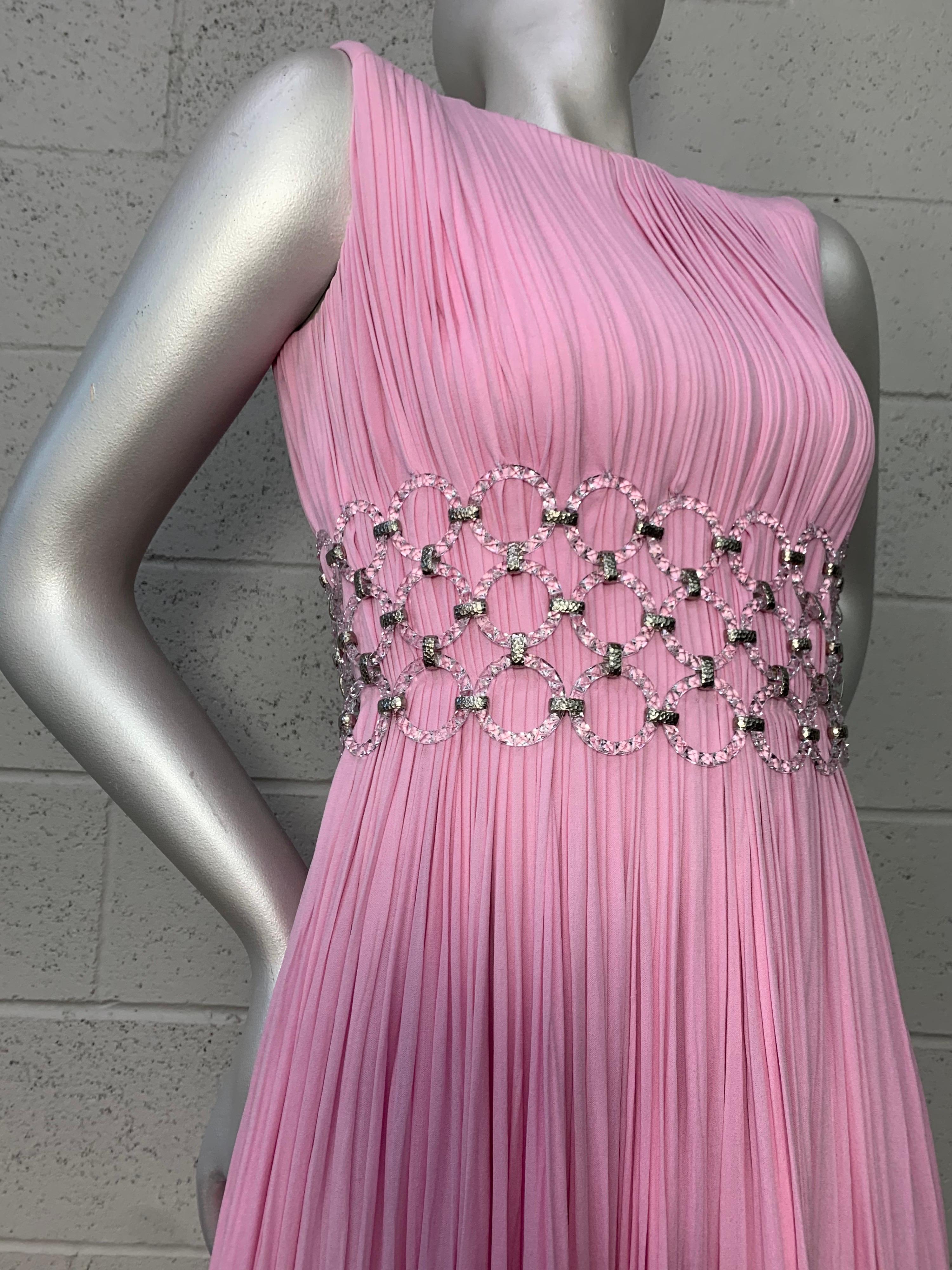 1960 Jean-Louis Peony Pink Silk Sleeveless Goddess Gown w/ Lucite Mesh Waist In Good Condition In Gresham, OR
