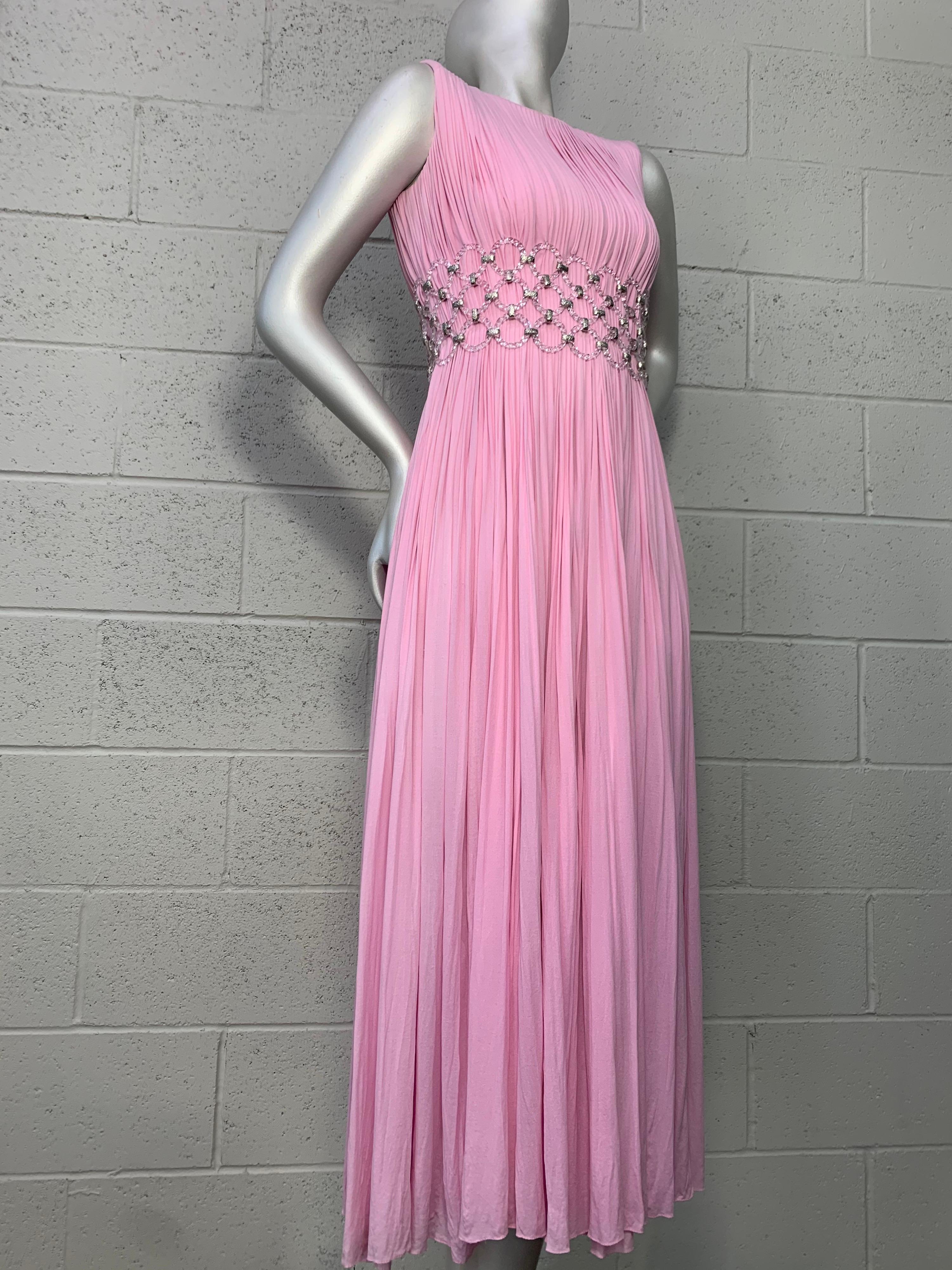 Women's 1960 Jean-Louis Peony Pink Silk Sleeveless Goddess Gown w/ Lucite Mesh Waist