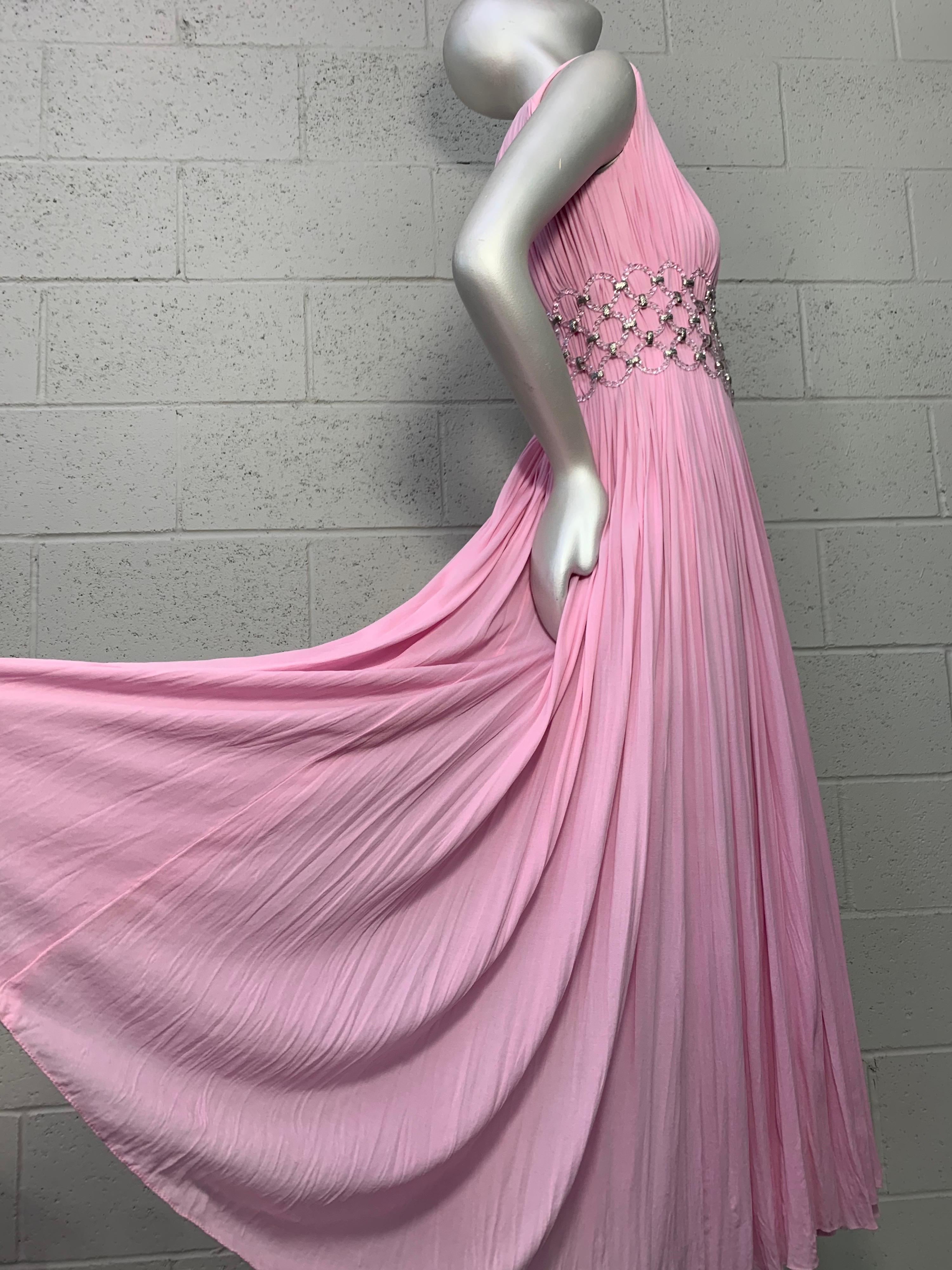 1960 Jean-Louis Peony Pink Silk Sleeveless Goddess Gown w/ Lucite Mesh Waist 1