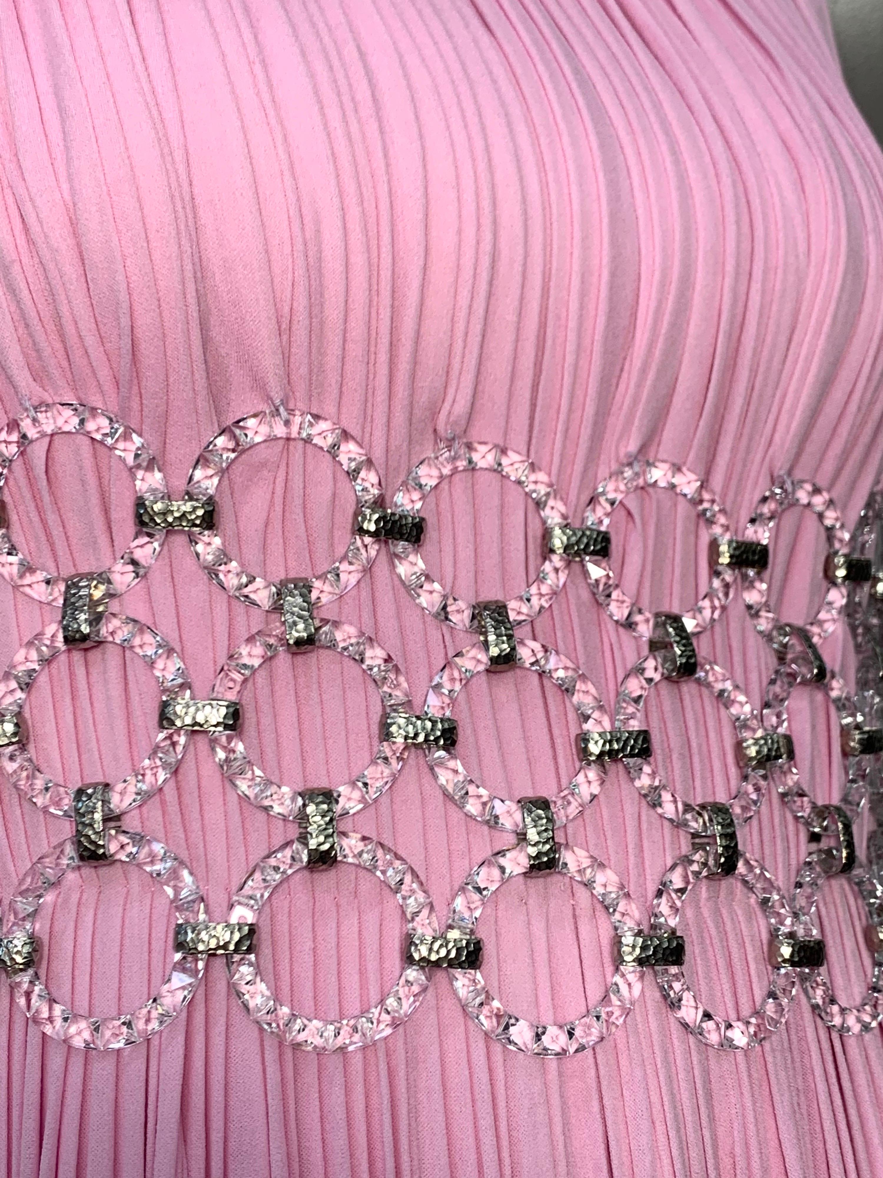 1960 Jean-Louis Peony Pink Silk Sleeveless Goddess Gown w/ Lucite Mesh Waist 2