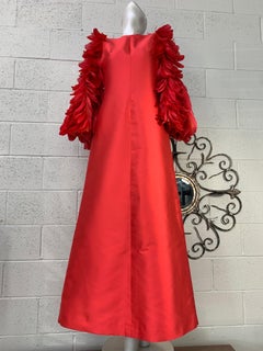 1960 Joui Schiesser Haute Couture Red Silk Gazar Gown w Feathered Bell Sleeves
