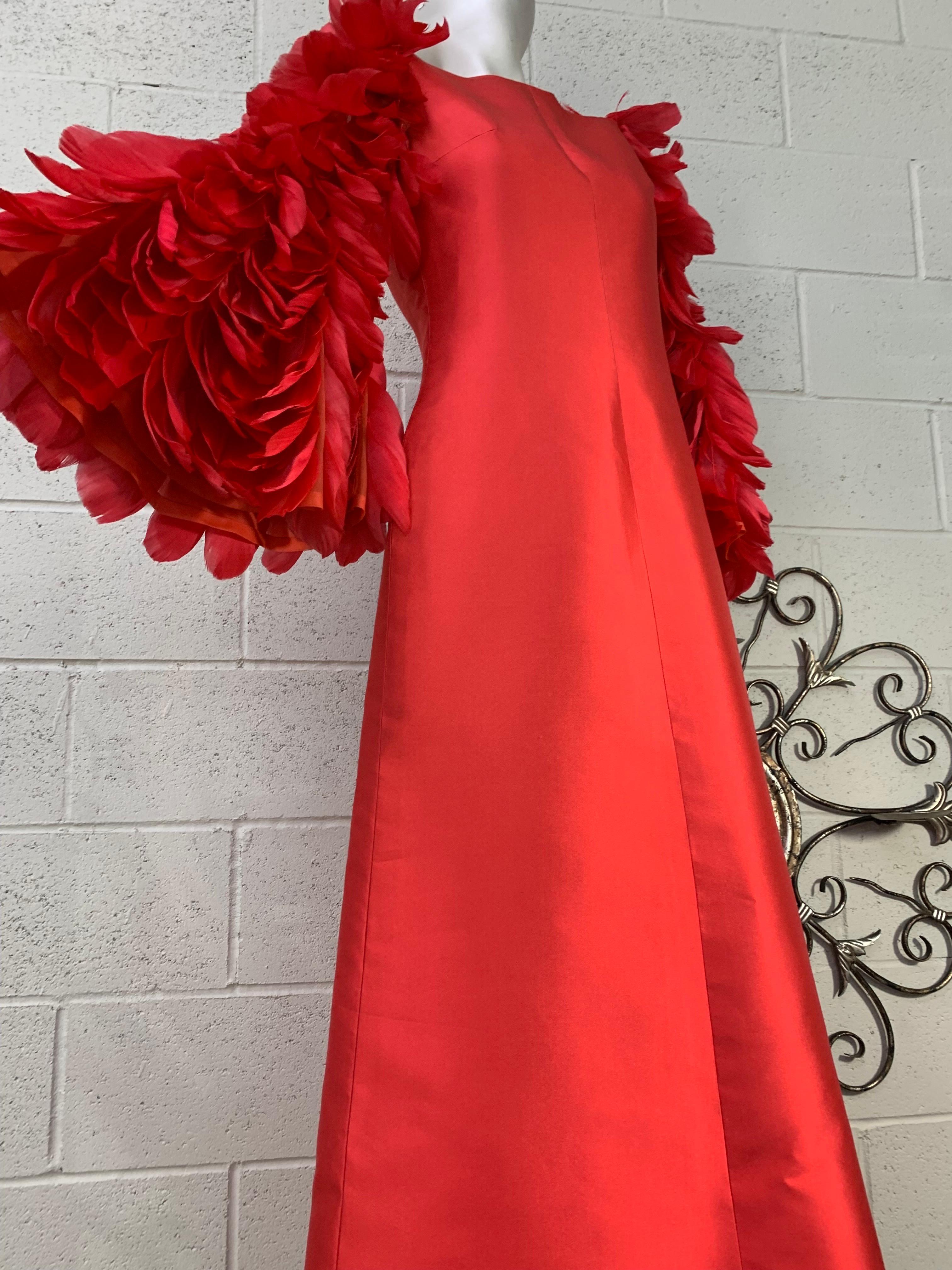 1960 Joui Schiesser Haute Couture Red Silk Gazar Gown w Feathered Bell Sleeves In Excellent Condition For Sale In Gresham, OR