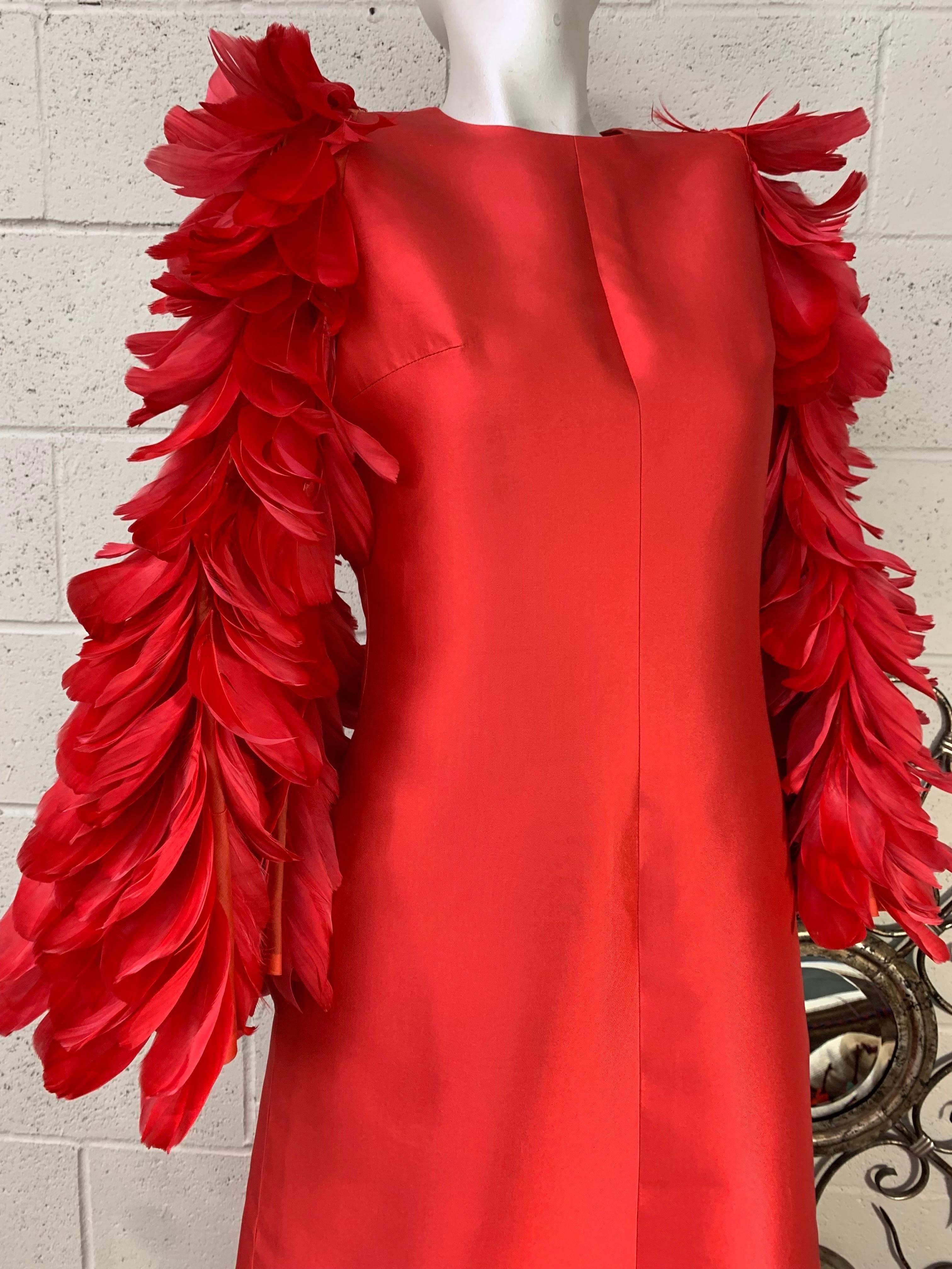 Women's 1960 Joui Schiesser Haute Couture Red Silk Gazar Gown w Feathered Bell Sleeves For Sale