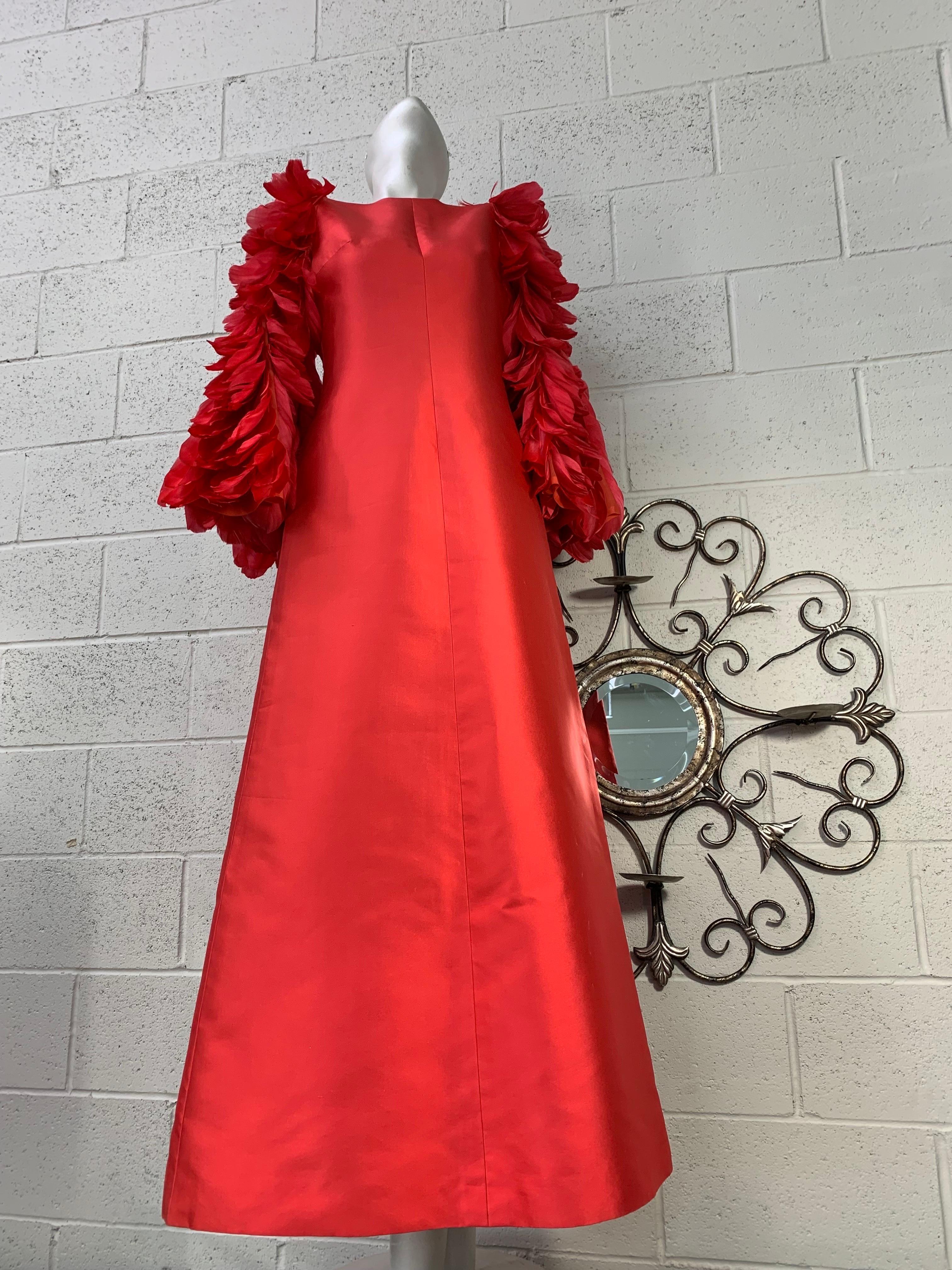 1960 Joui Schiesser Haute Couture Red Silk Gazar Gown w Feathered Bell Sleeves For Sale 2