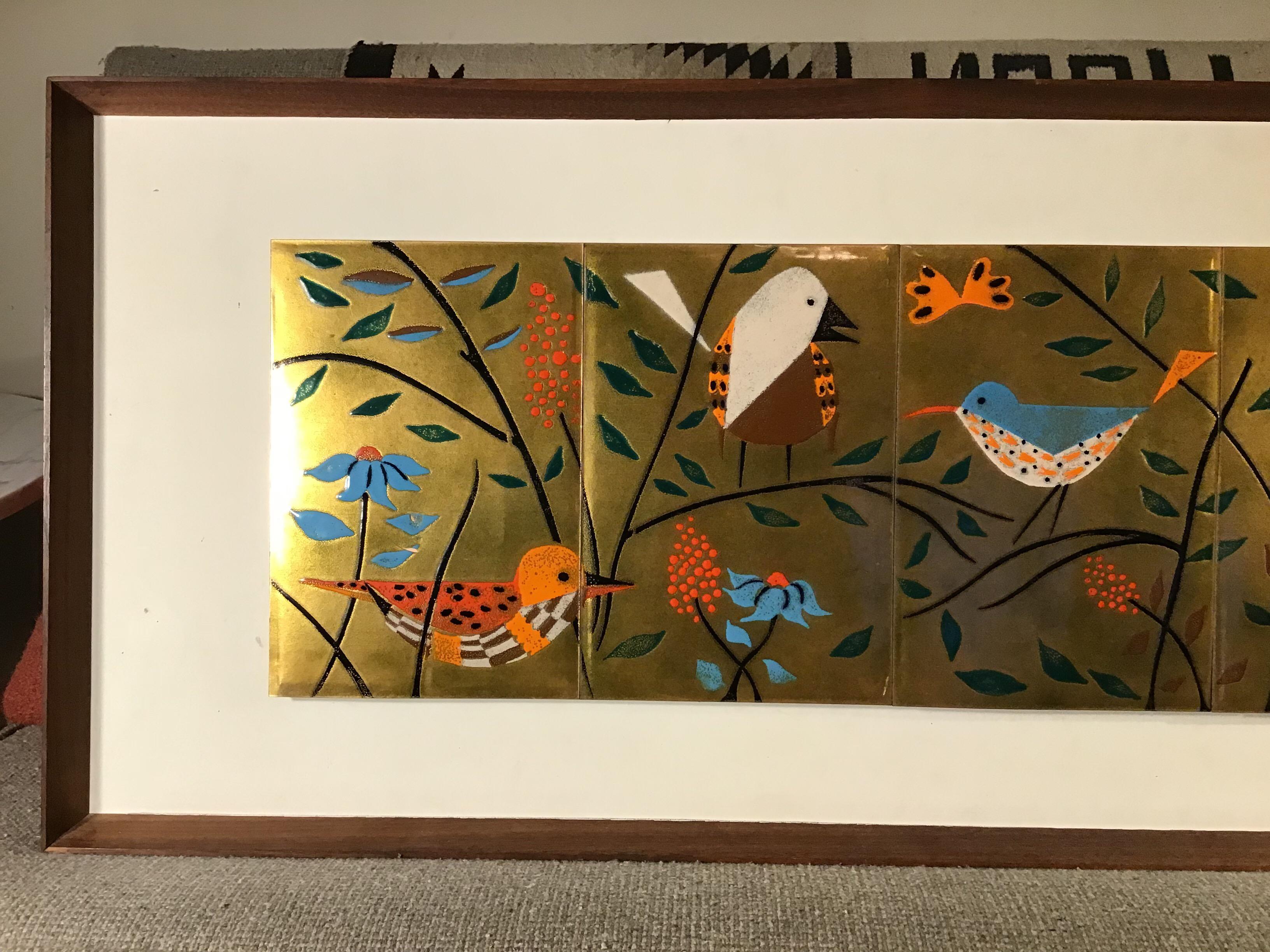 This is an absolutely wonderful vintage, circa 1950s, enamel on copper picture. It is by artist Judith Daner, known for her enamel works. This is the best I've seen! It depicts several modernist style birds in the trees, one even in a nest. This is