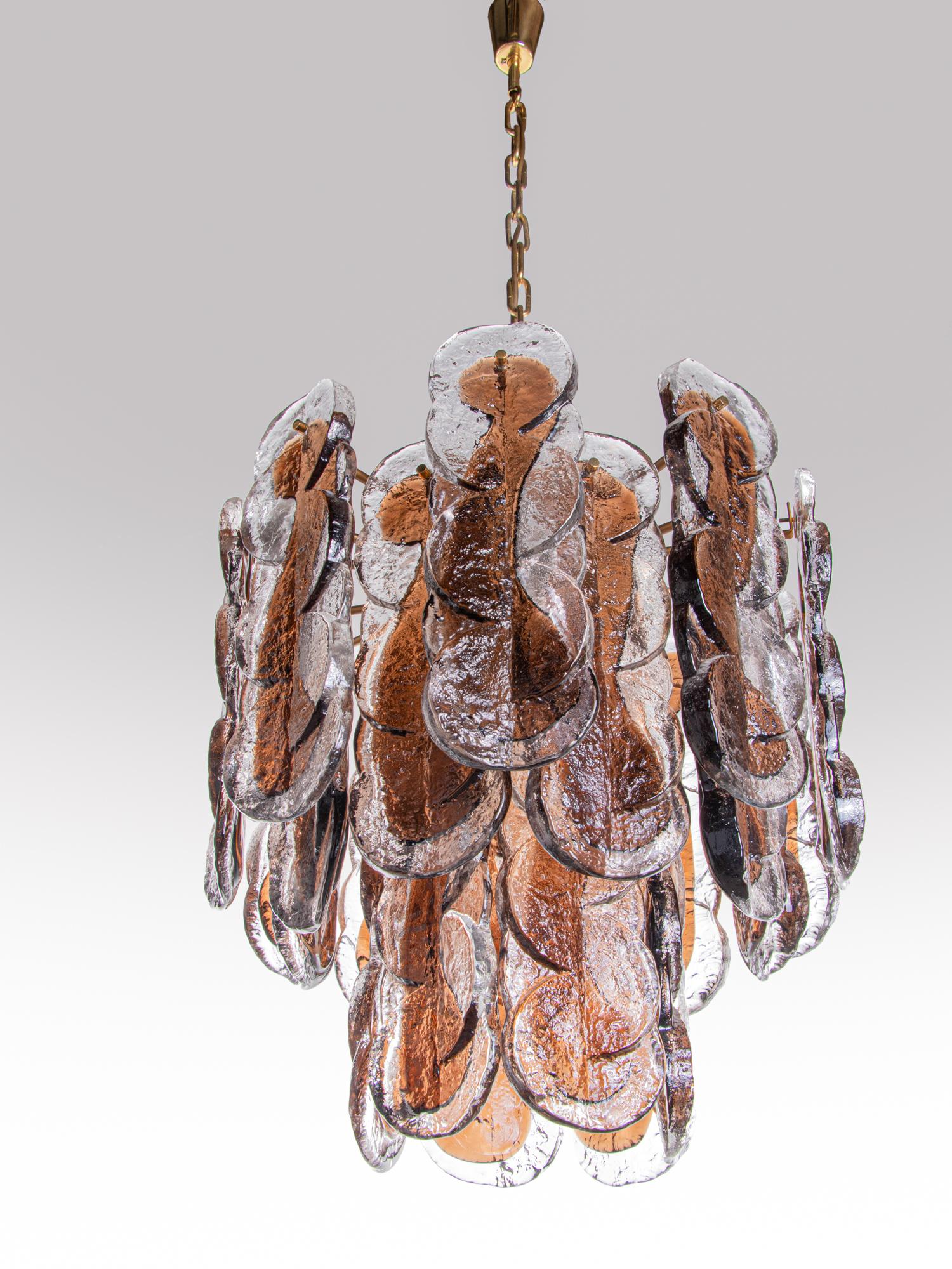 Mid-20th Century 1 (of 2) 1960 Kalmar Citrus Swirl Chandelier Murano Glass & Brass by Carlo Nason For Sale