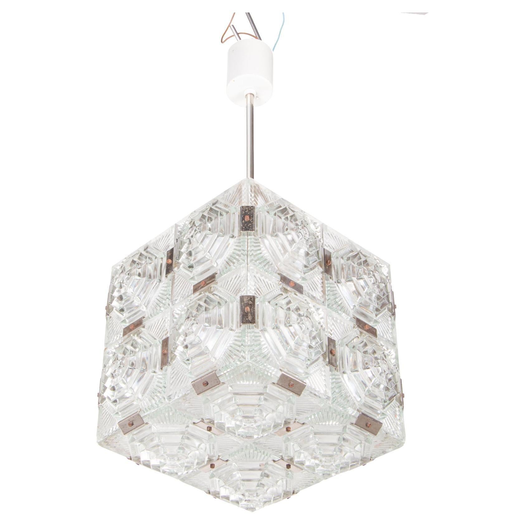 Beautiful Bohemian cube ceiling lamp composed of thick textured glass elements with chromed fittings. 
Manufactured by by Kamenický Šenov, Czechoslovakia in the 1960s. 
 
Style: midcentury, modernist. 
Colors: clear, silver and white.