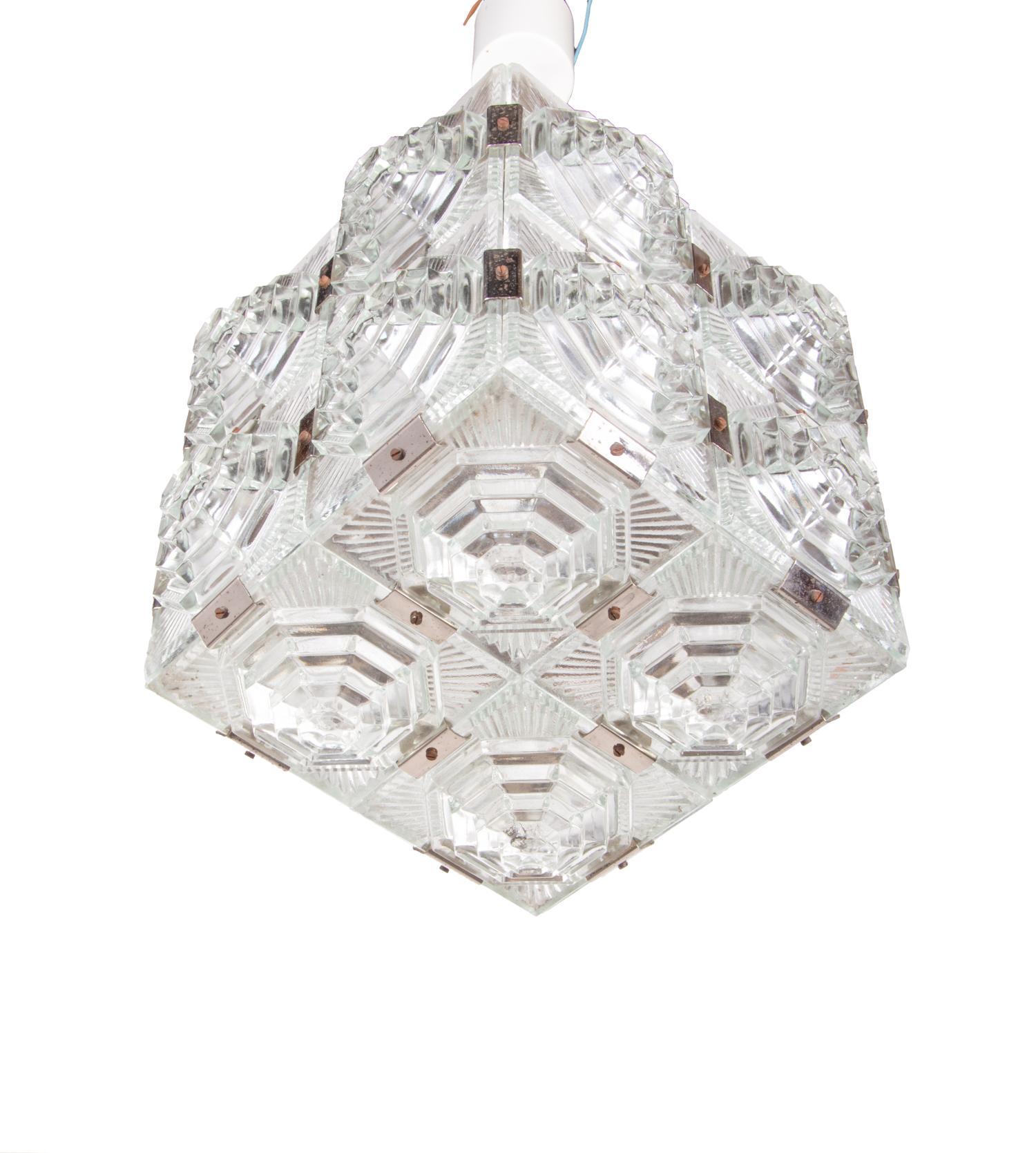 1960 Kamenicky Senov Bohemian Ceiling Light Glass Cube Chandelier For Sale 1