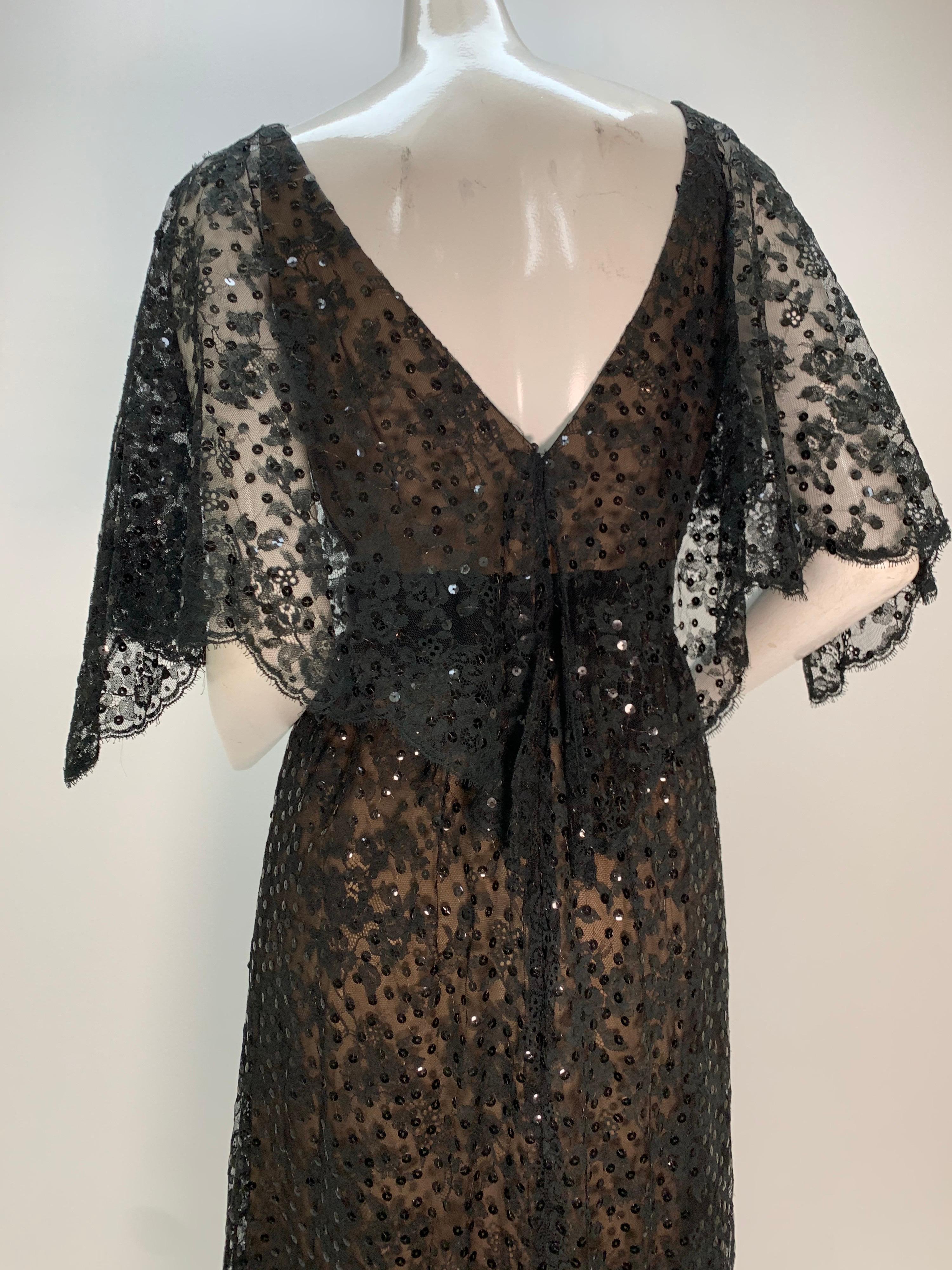 1960 Kiki Hart Black Lace & Sequin Caplet Gown W/ Black Silk Satin Ribbon Belt For Sale 3