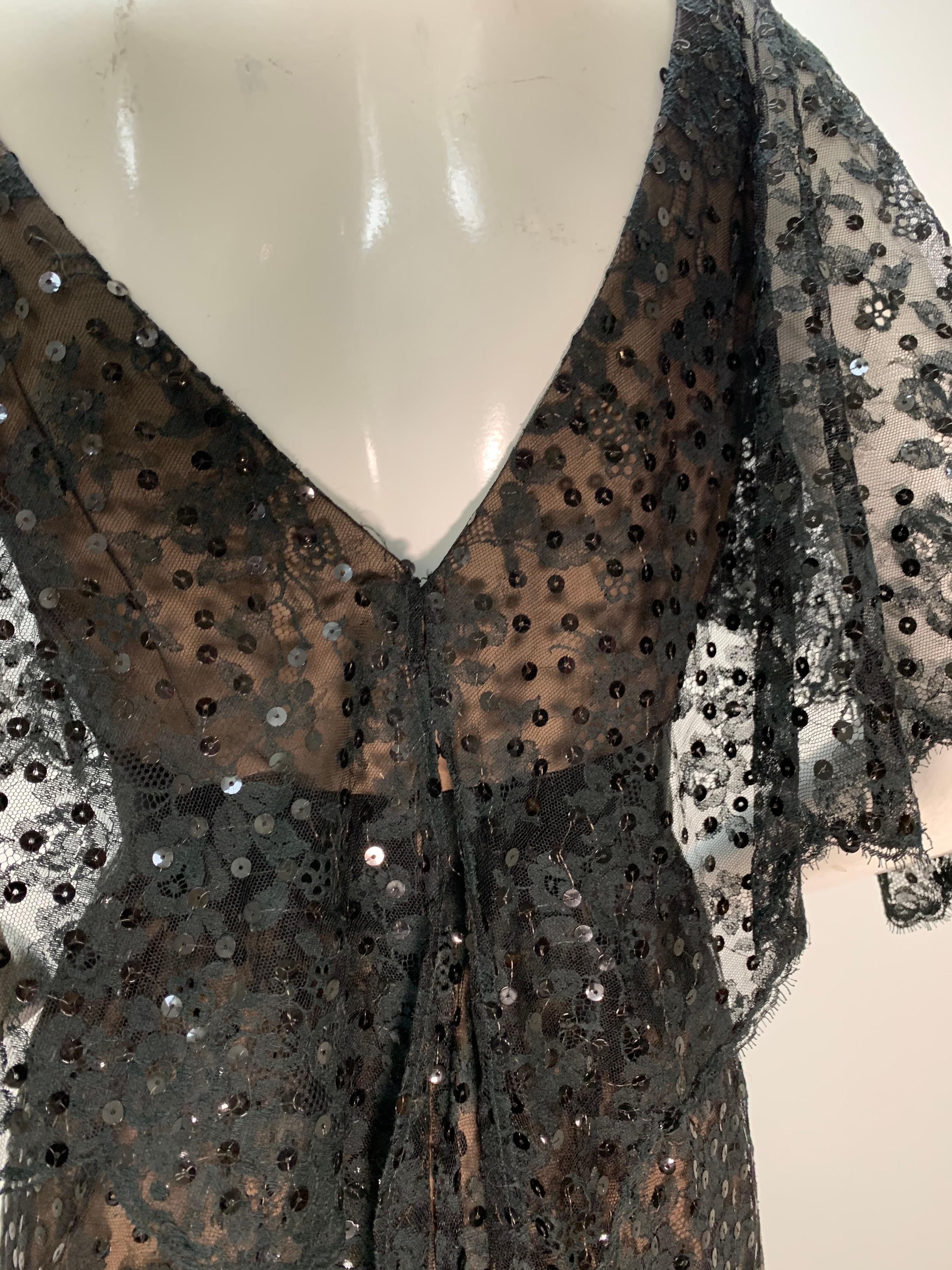 1960 Kiki Hart Black Lace & Sequin Caplet Gown W/ Black Silk Satin Ribbon Belt For Sale 4