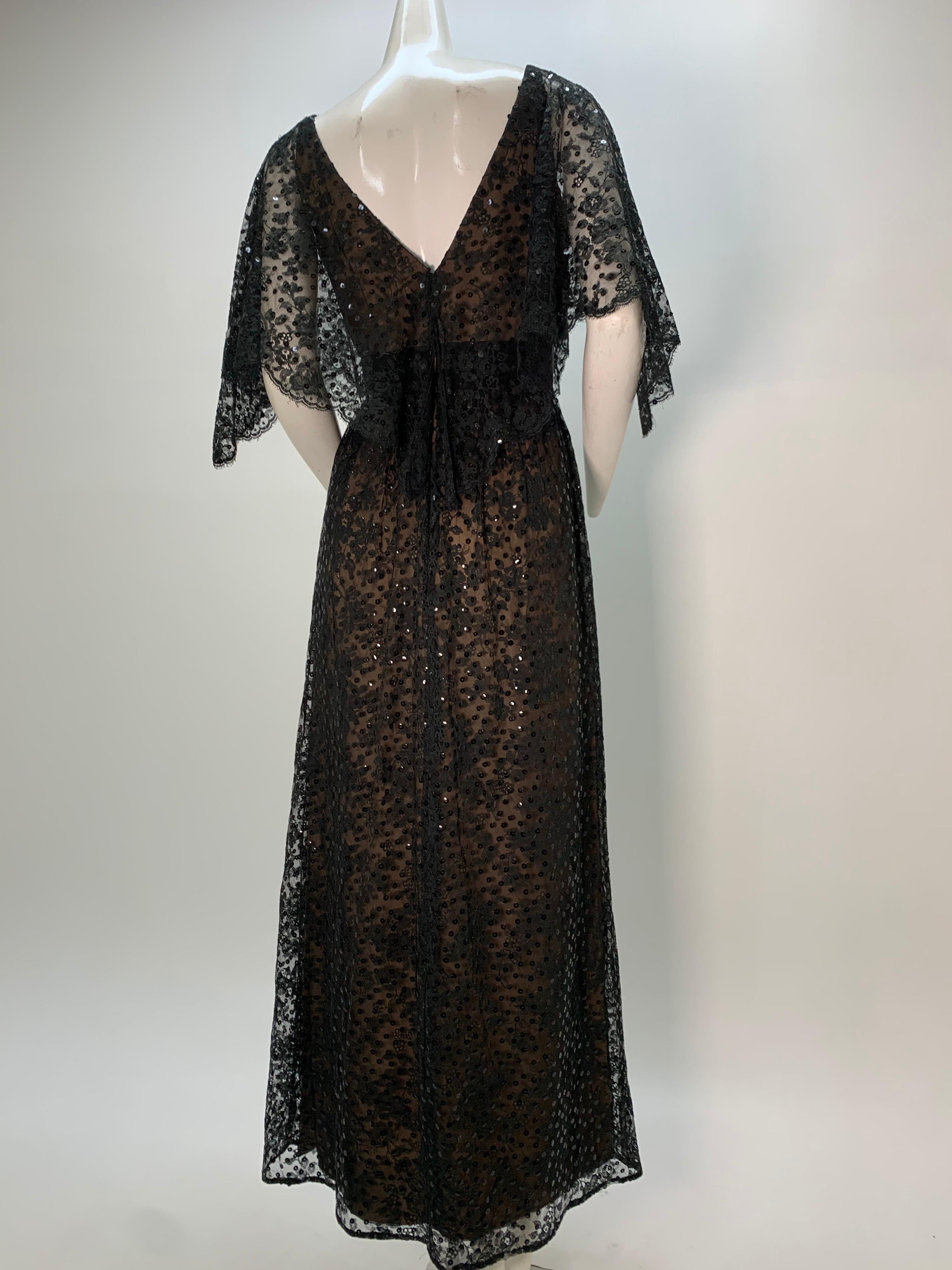 1960 Kiki Hart Black Lace & Sequin Caplet Gown W/ Black Silk Satin Ribbon Belt For Sale 5