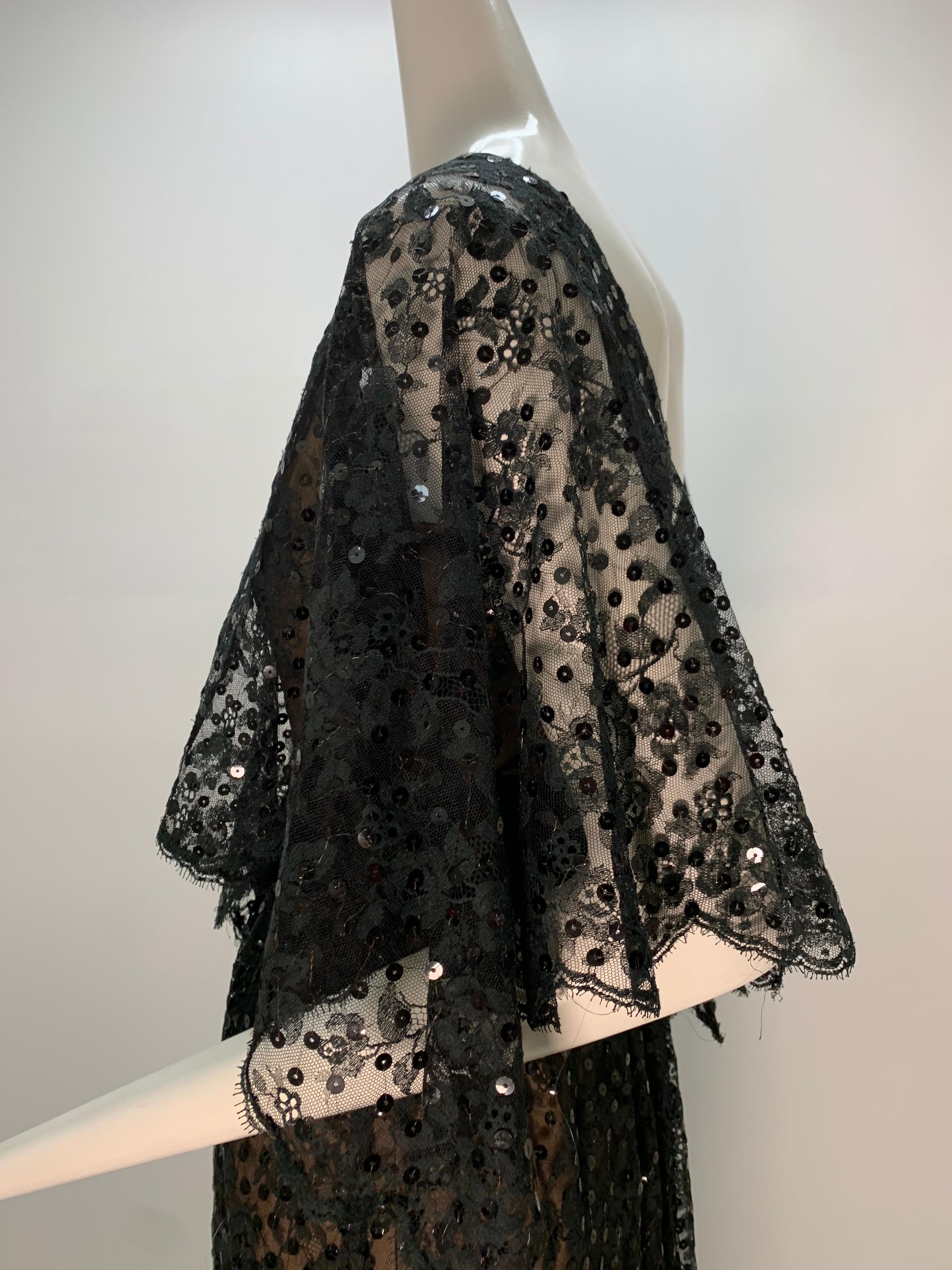 1960 Kiki Hart Black Lace & Sequin Caplet Gown W/ Black Silk Satin Ribbon Belt For Sale 6