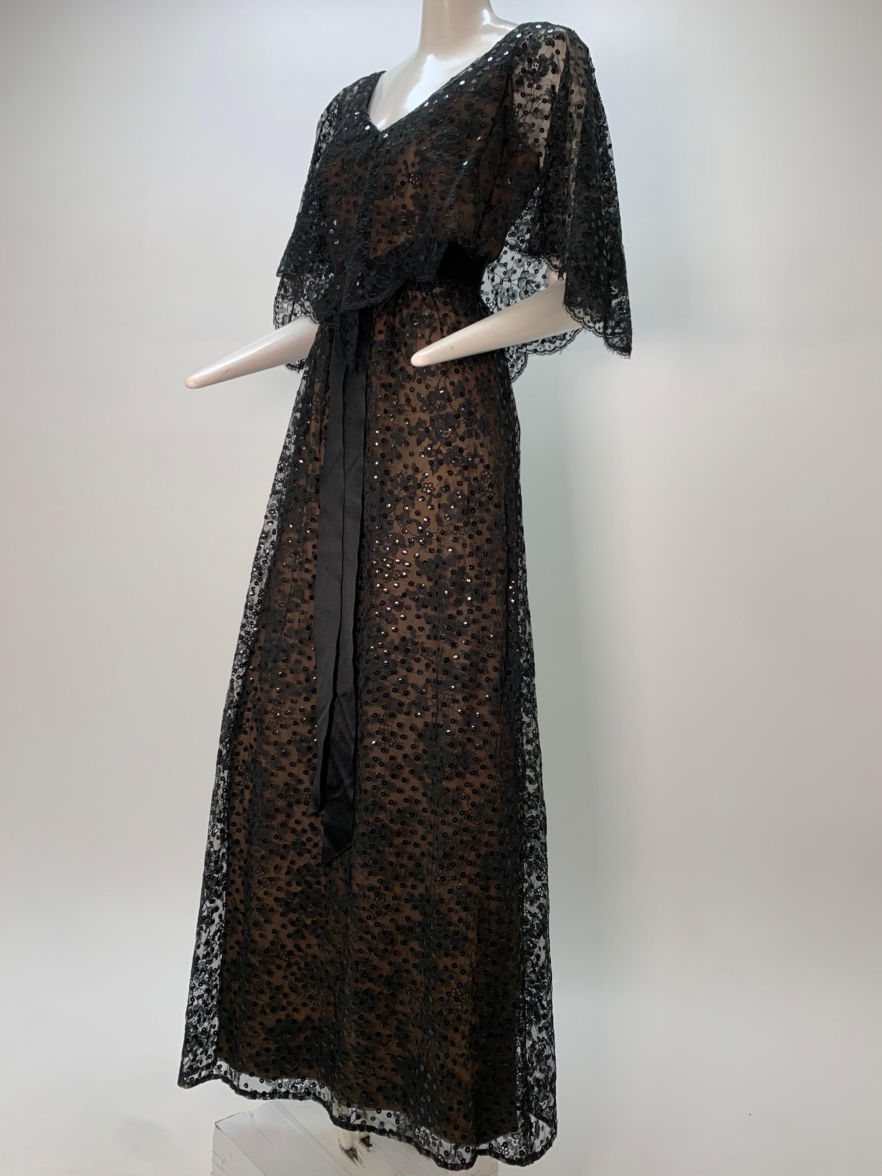 1960 Kiki Hart Black Lace & Sequin Caplet Gown W/ Black Silk Satin Ribbon Belt For Sale 8