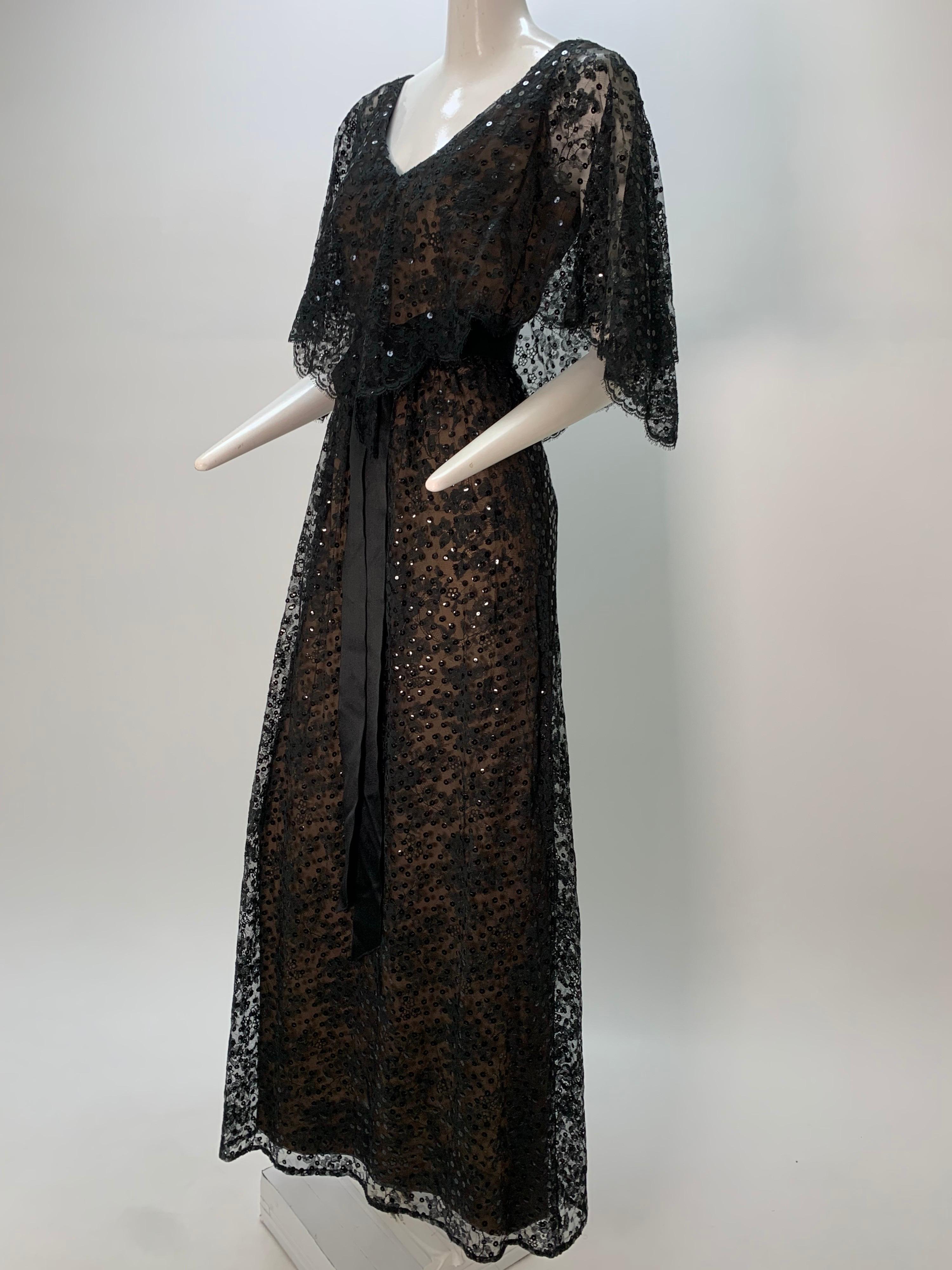 1960 Kiki Hart Black Lace & Sequin Caplet Gown W/ Black Silk Satin Ribbon Belt For Sale 9