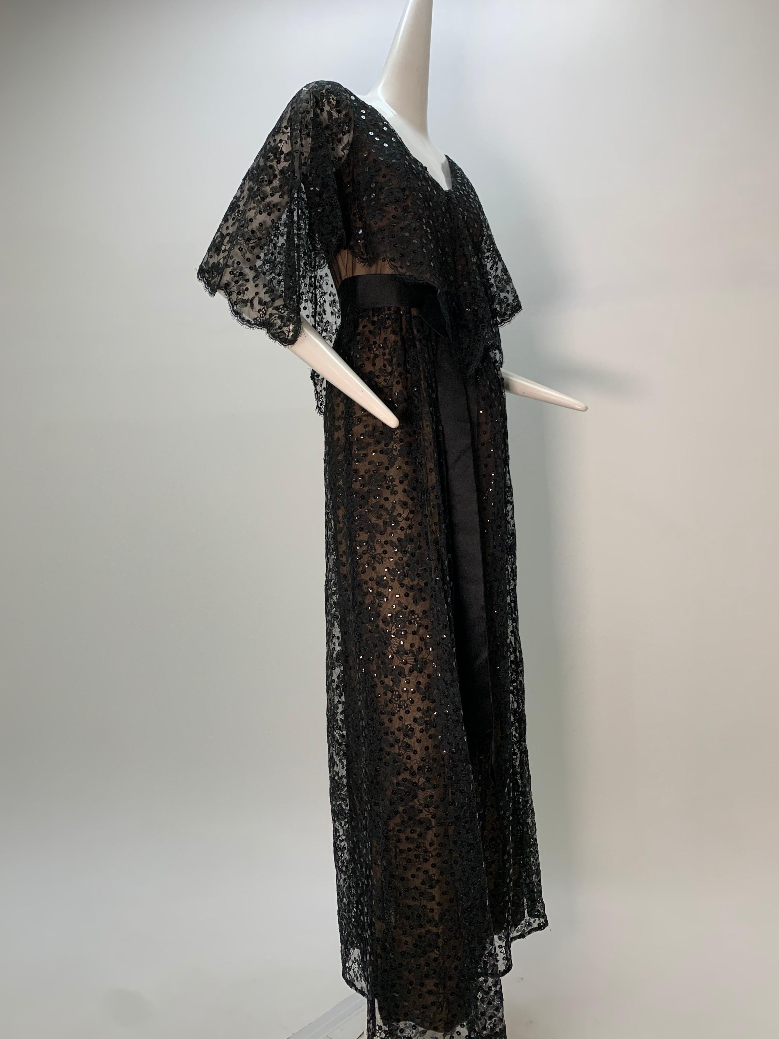 1960 Kiki Hart Black Lace & Sequin Caplet Gown W/ Black Silk Satin Ribbon Belt For Sale 1