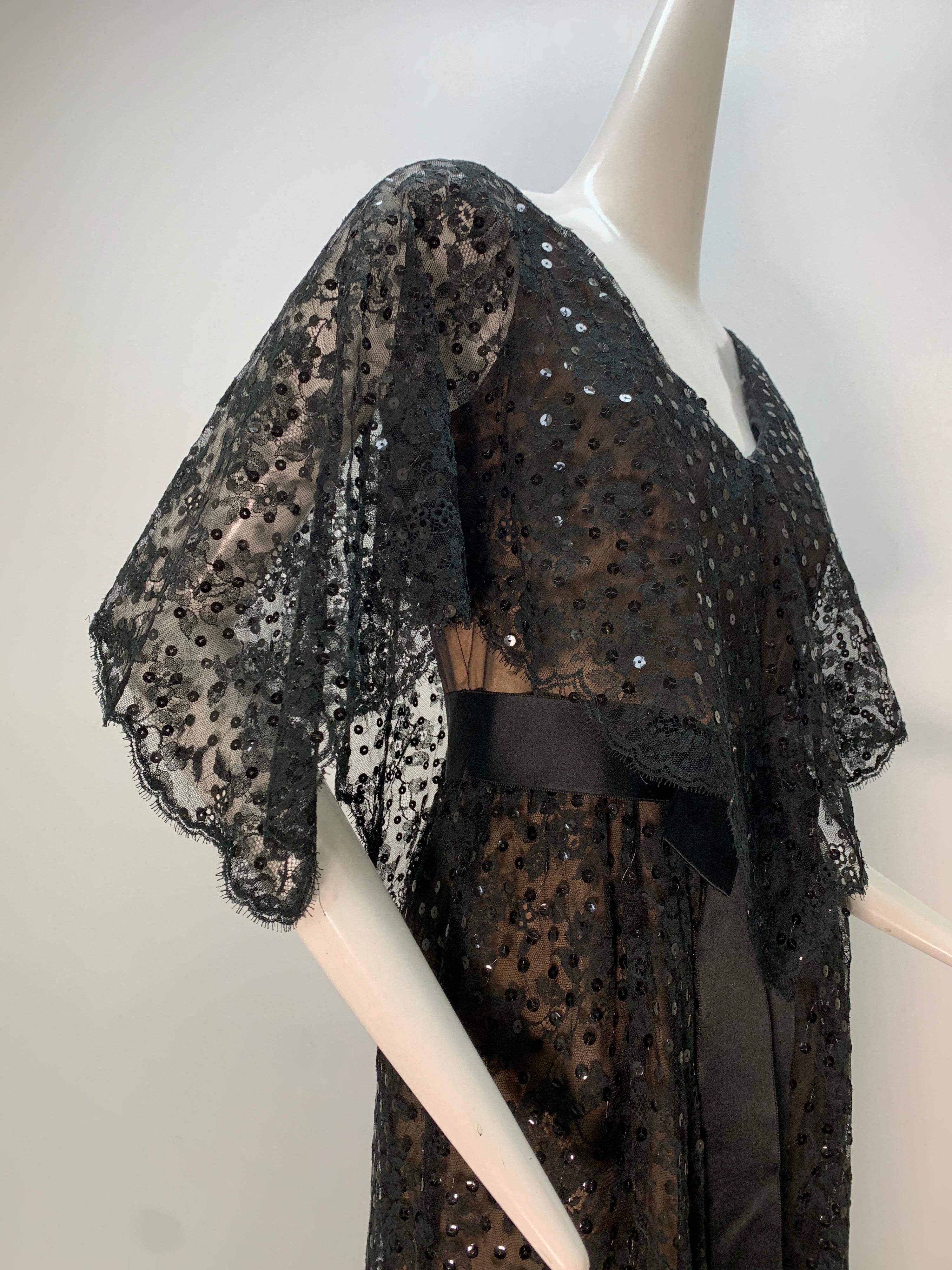 1960 Kiki Hart Black Lace & Sequin Caplet Gown W/ Black Silk Satin Ribbon Belt For Sale 2