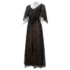 1960 Kiki Hart Black Lace & Sequin Caplet Gown W/ Black Silk Satin Ribbon Belt