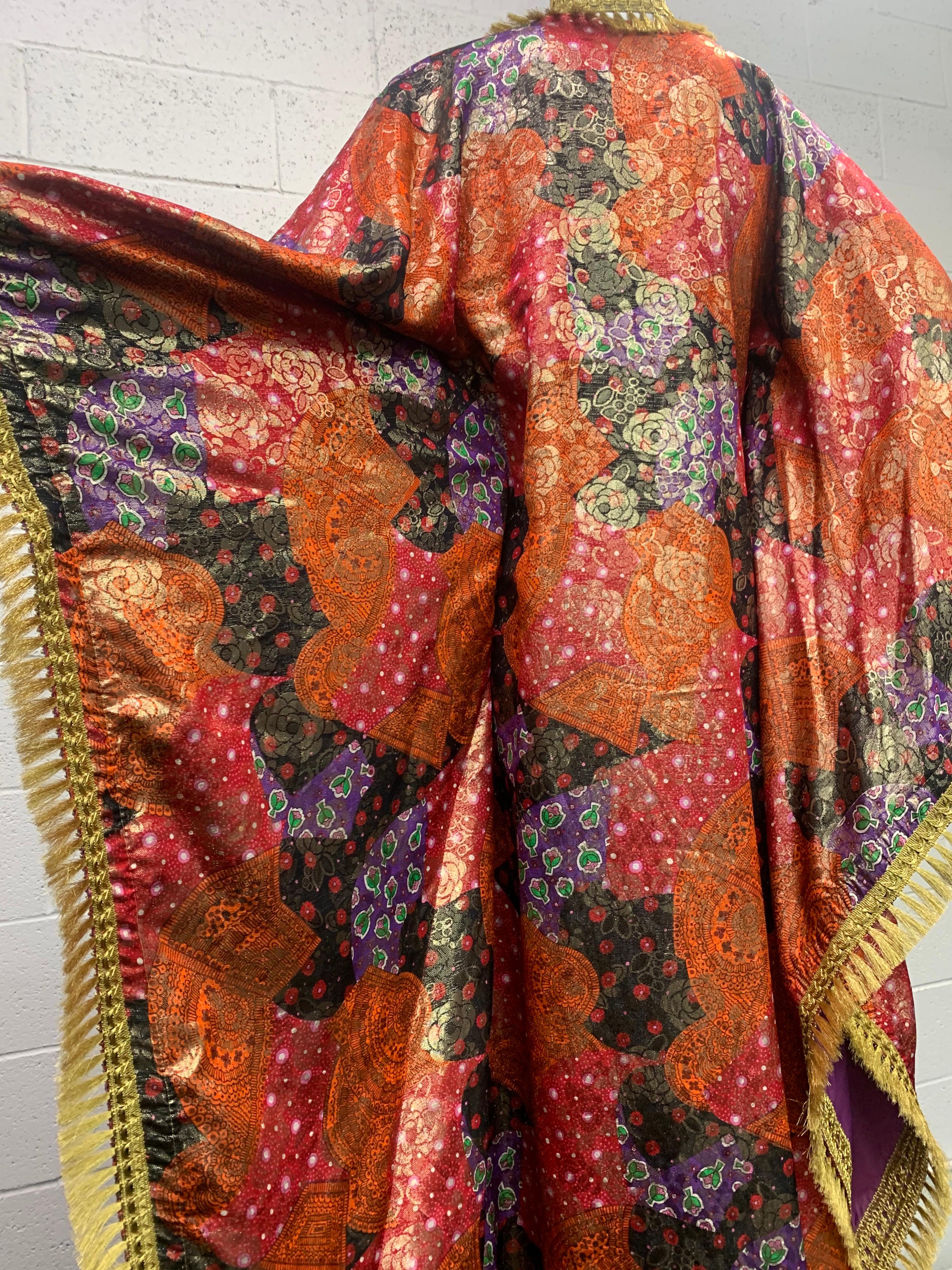 1960 Lame Brocade Floral Printed & Fitted Caftan W/ Heavy Brass Fringe Trim  For Sale 4