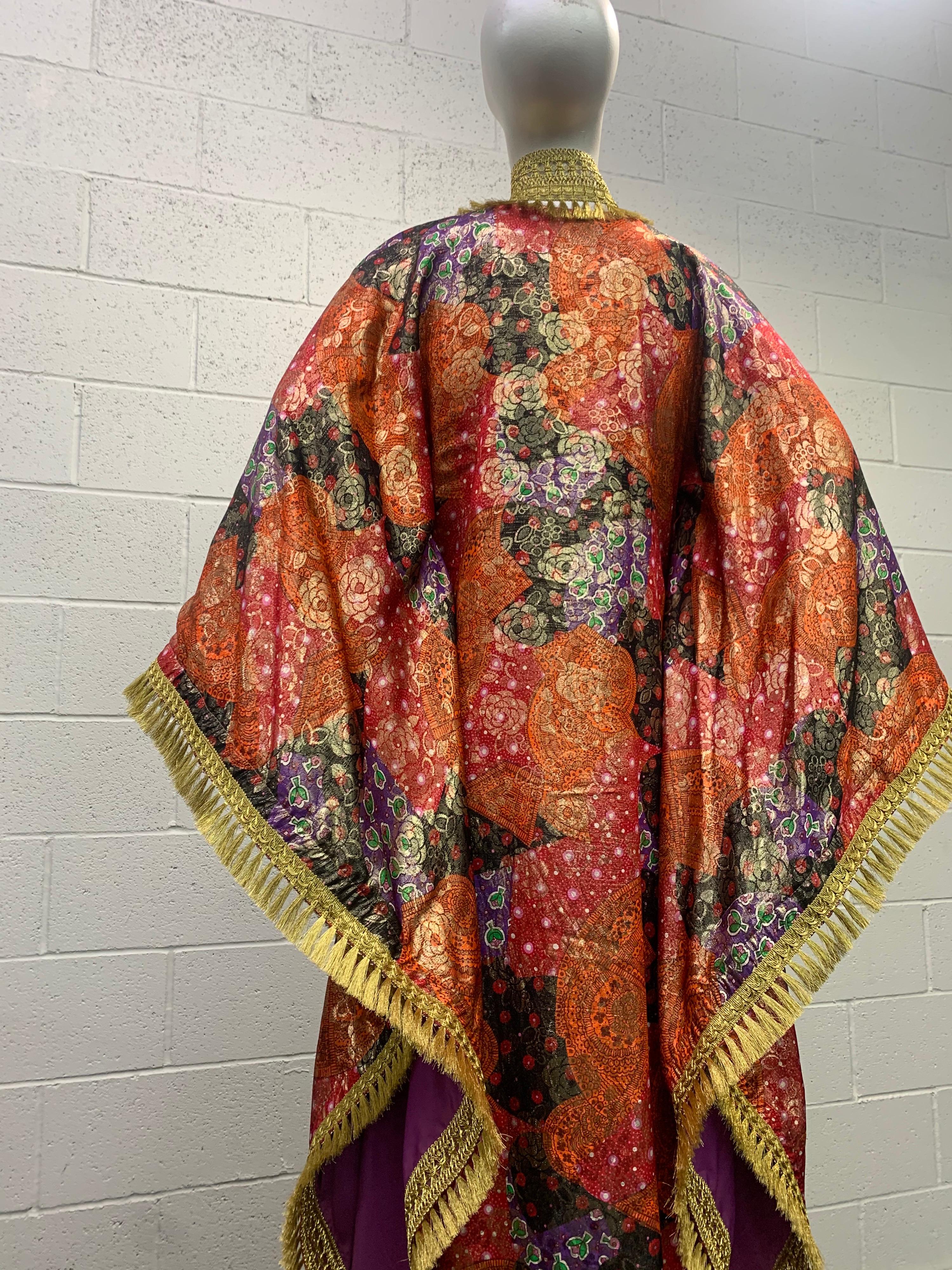 1960 Lame Brocade Floral Printed & Fitted Caftan W/ Heavy Brass Fringe Trim  For Sale 6