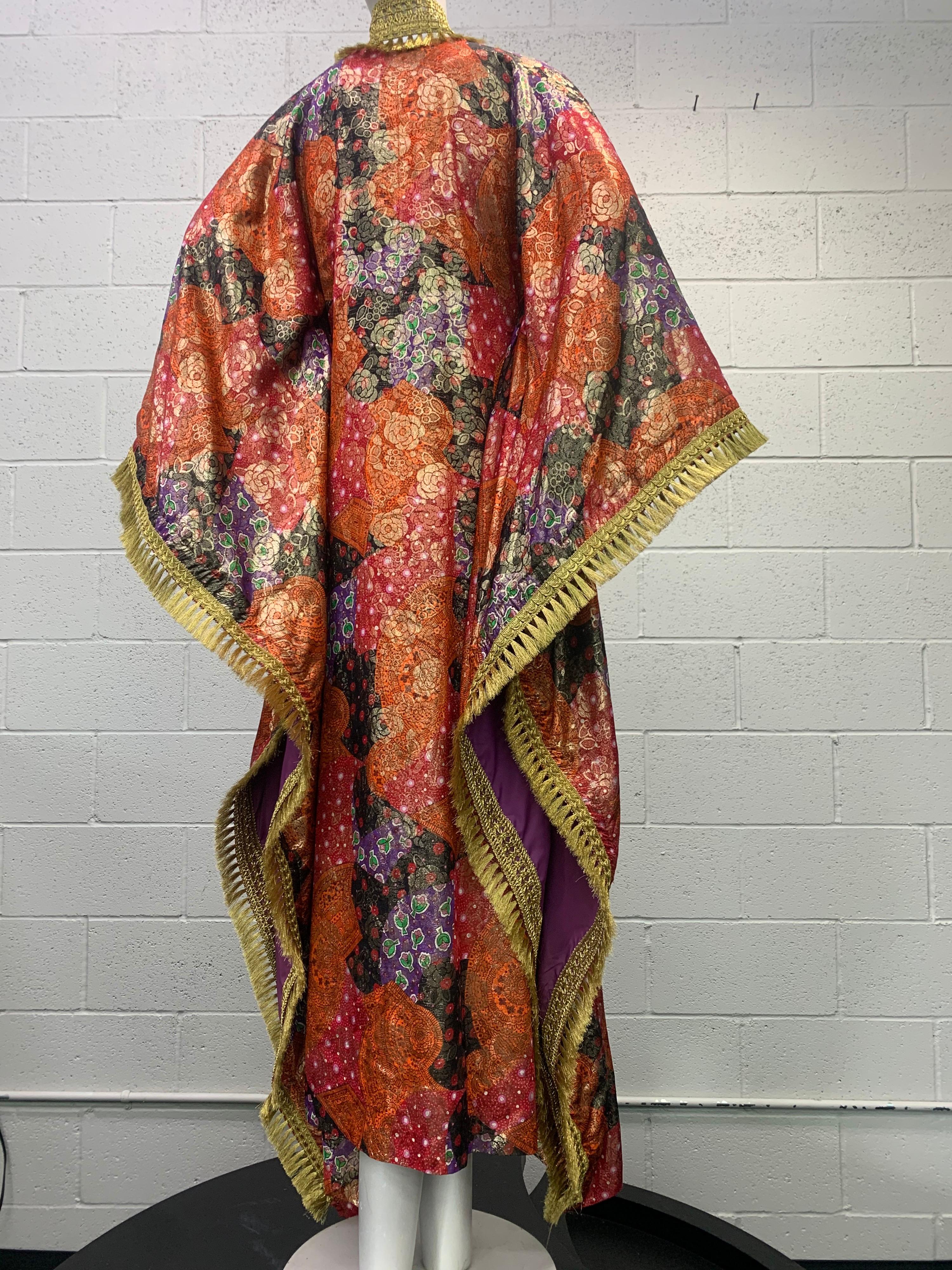 1960 Lame Brocade Floral Printed & Fitted Caftan W/ Heavy Brass Fringe Trim  For Sale 8