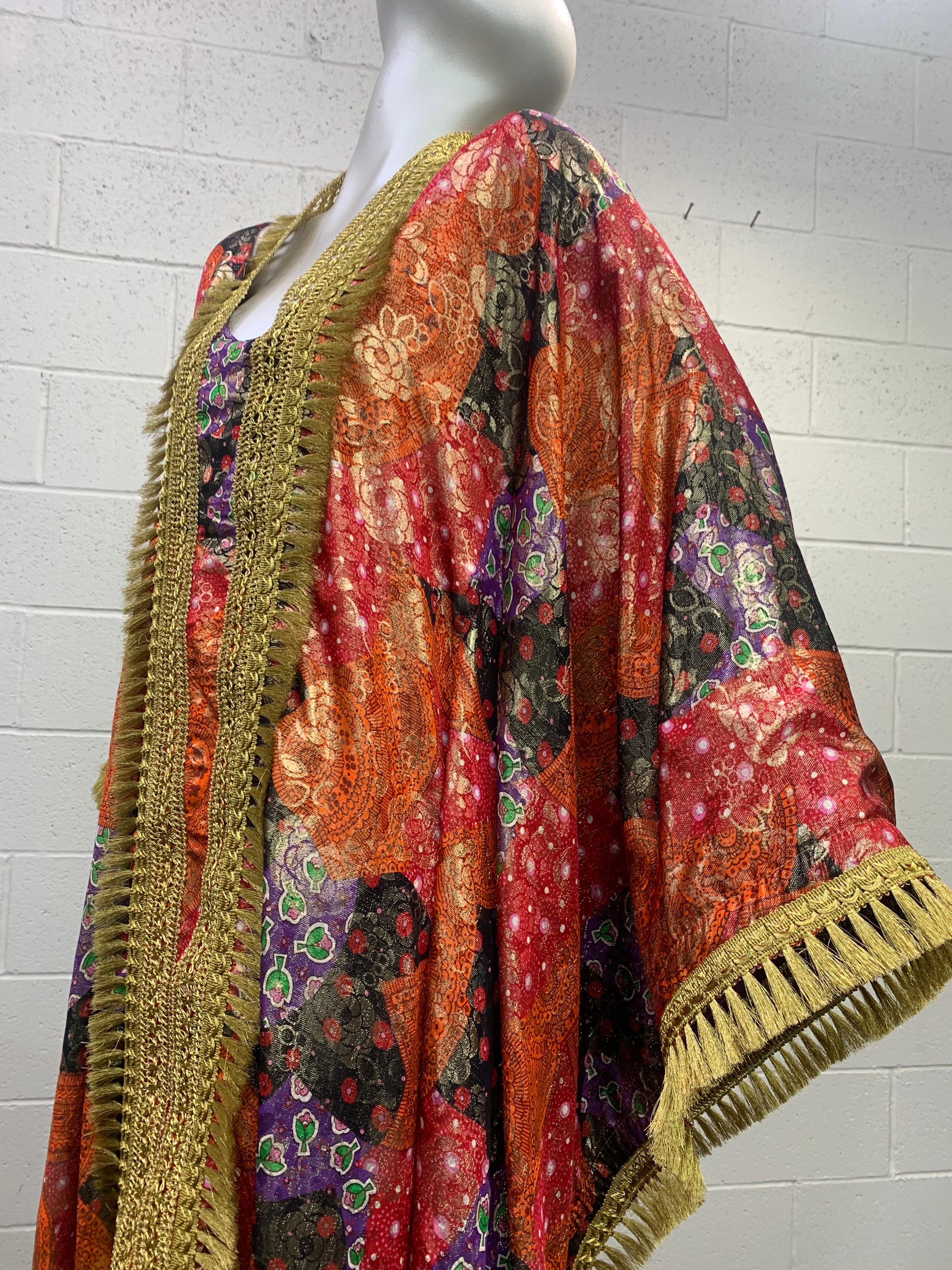 1960 Lame Brocade Floral Printed & Fitted Caftan W/ Heavy Brass Fringe Trim  For Sale 10