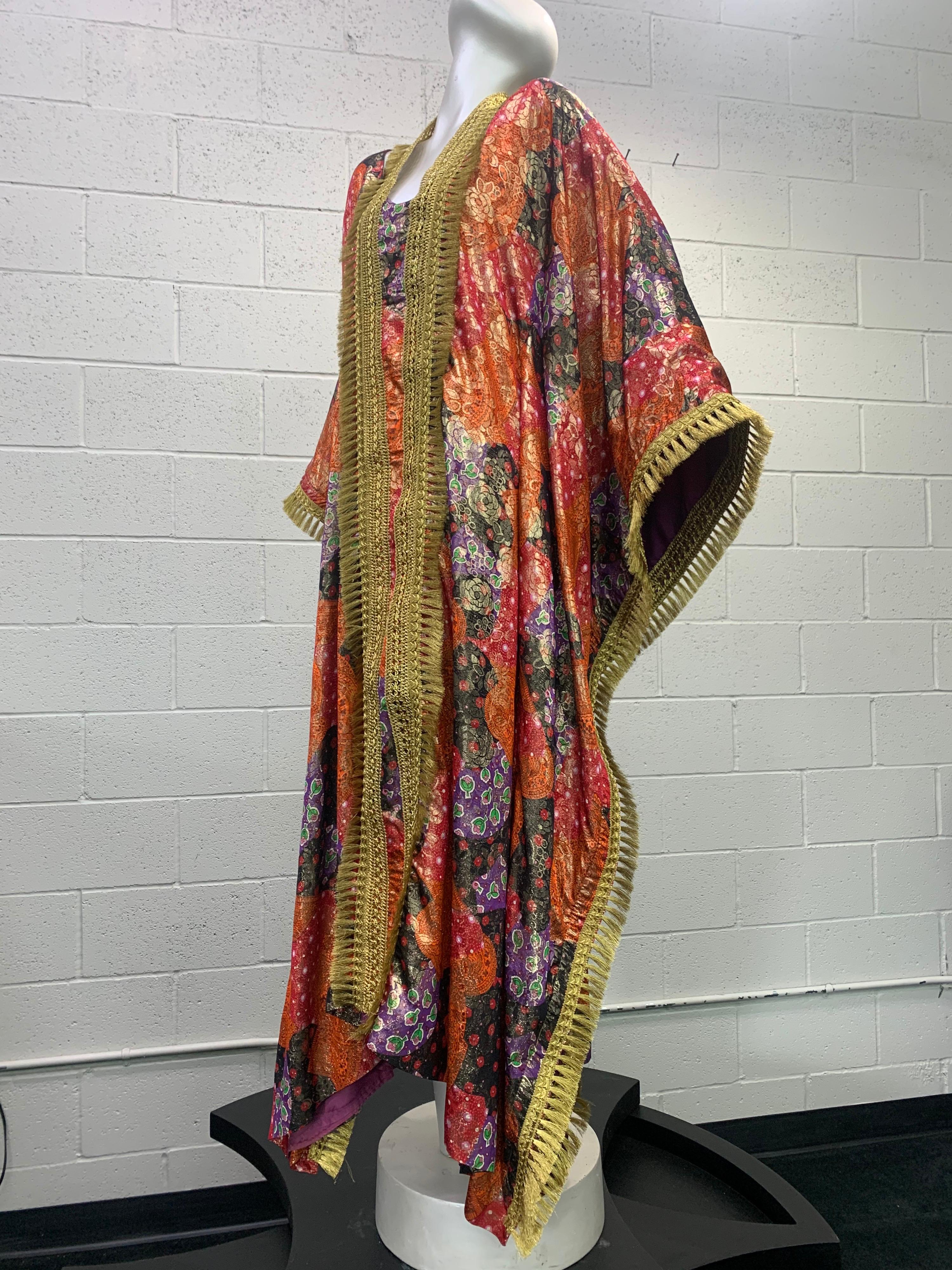 1960 Lame Brocade Floral Printed & Fitted Caftan W/ Heavy Brass Fringe Trim  For Sale 11