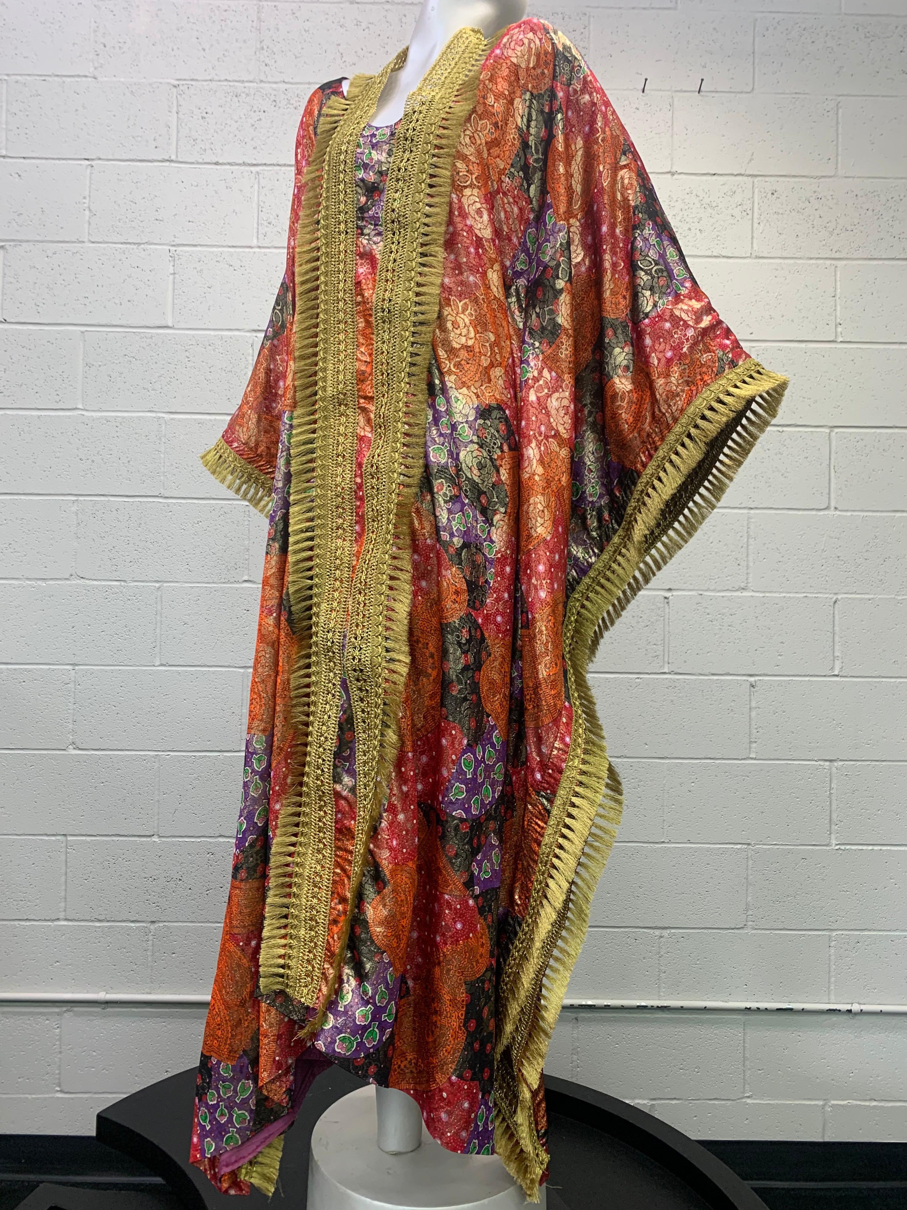 1960 Lame Brocade Floral Printed & Fitted Caftan W/ Heavy Brass Fringe Trim  For Sale 12