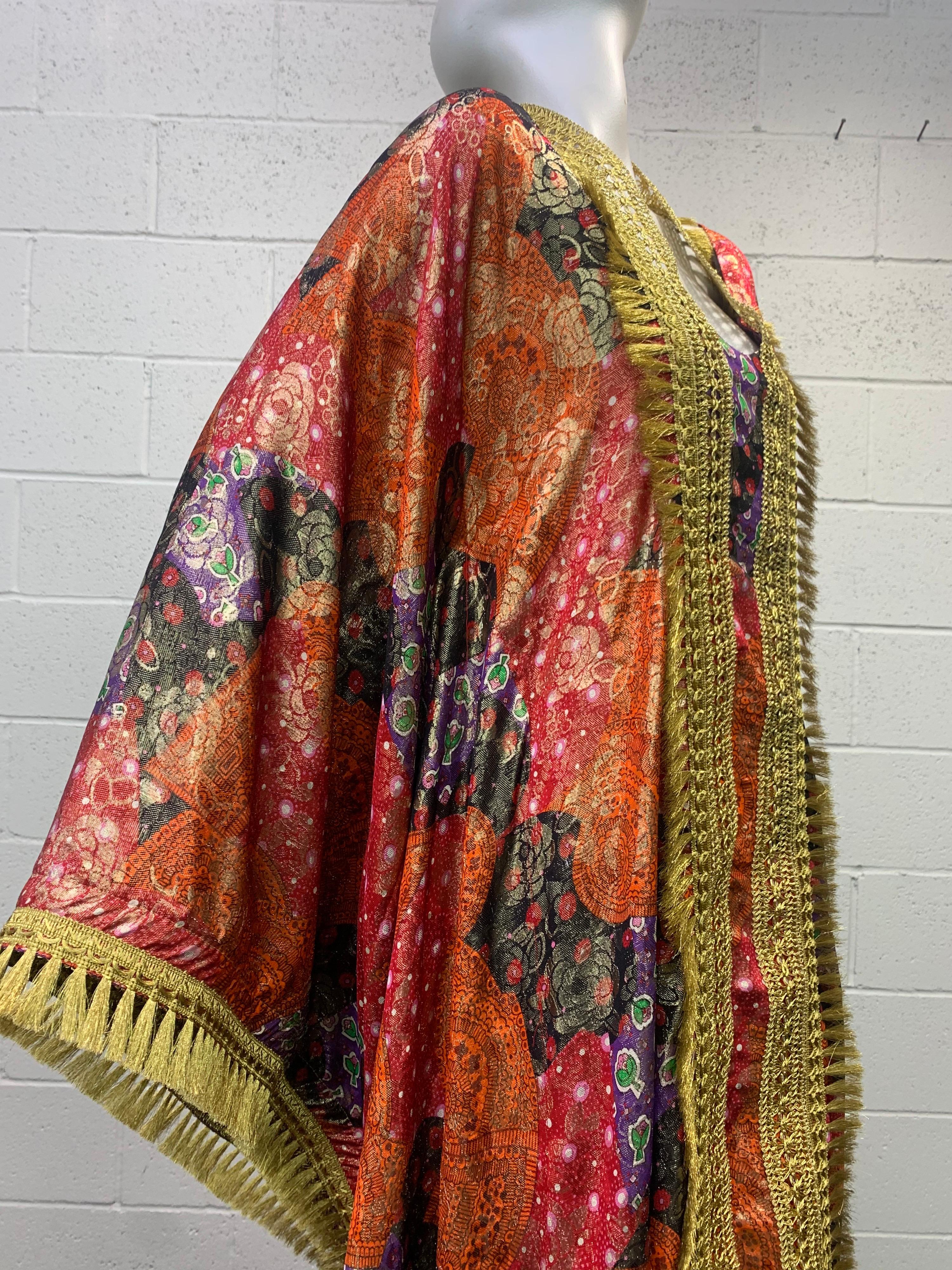 Women's or Men's 1960 Lame Brocade Floral Printed & Fitted Caftan W/ Heavy Brass Fringe Trim  For Sale