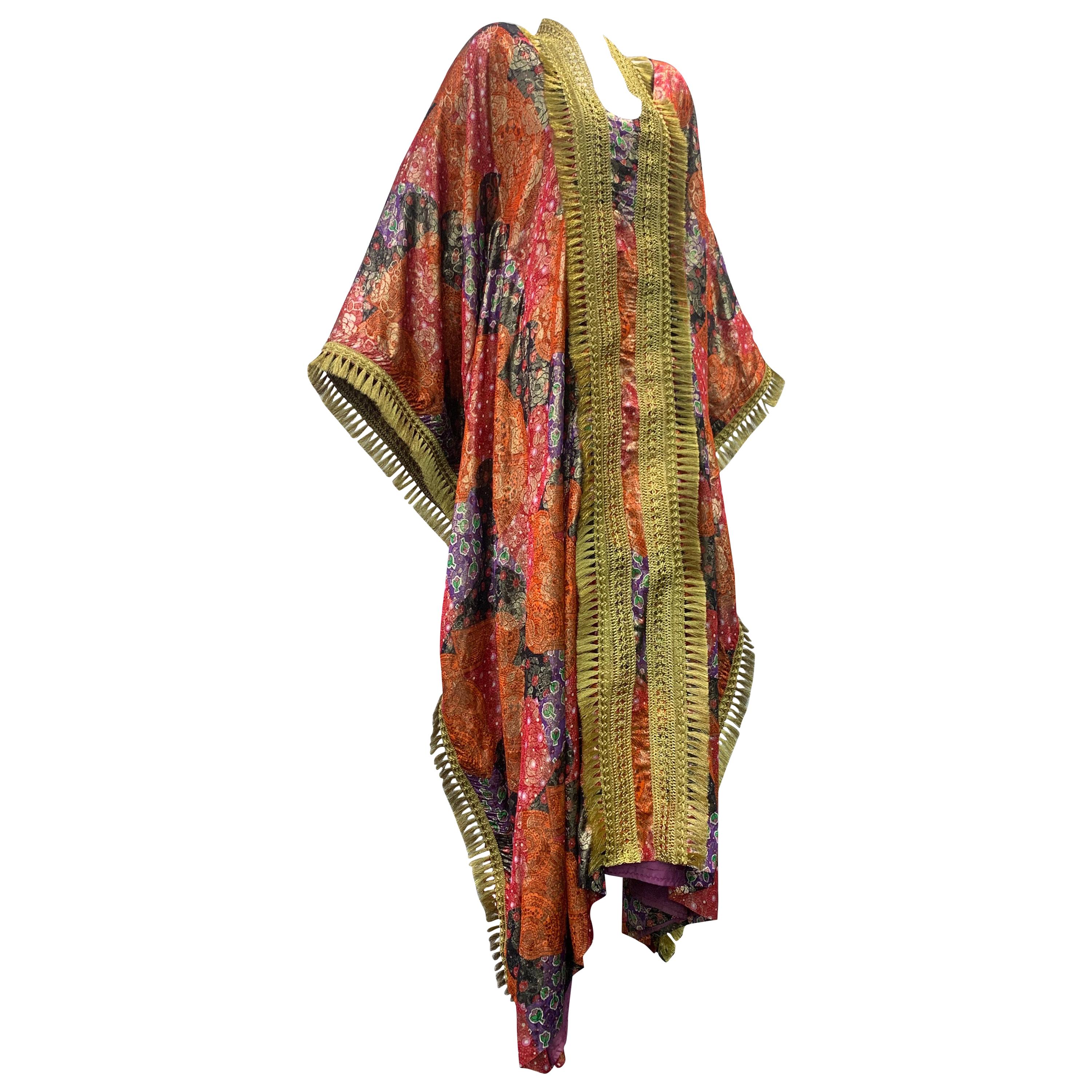 1960 Lame Brocade Floral Printed & Fitted Caftan W/ Heavy Brass Fringe Trim For Sale