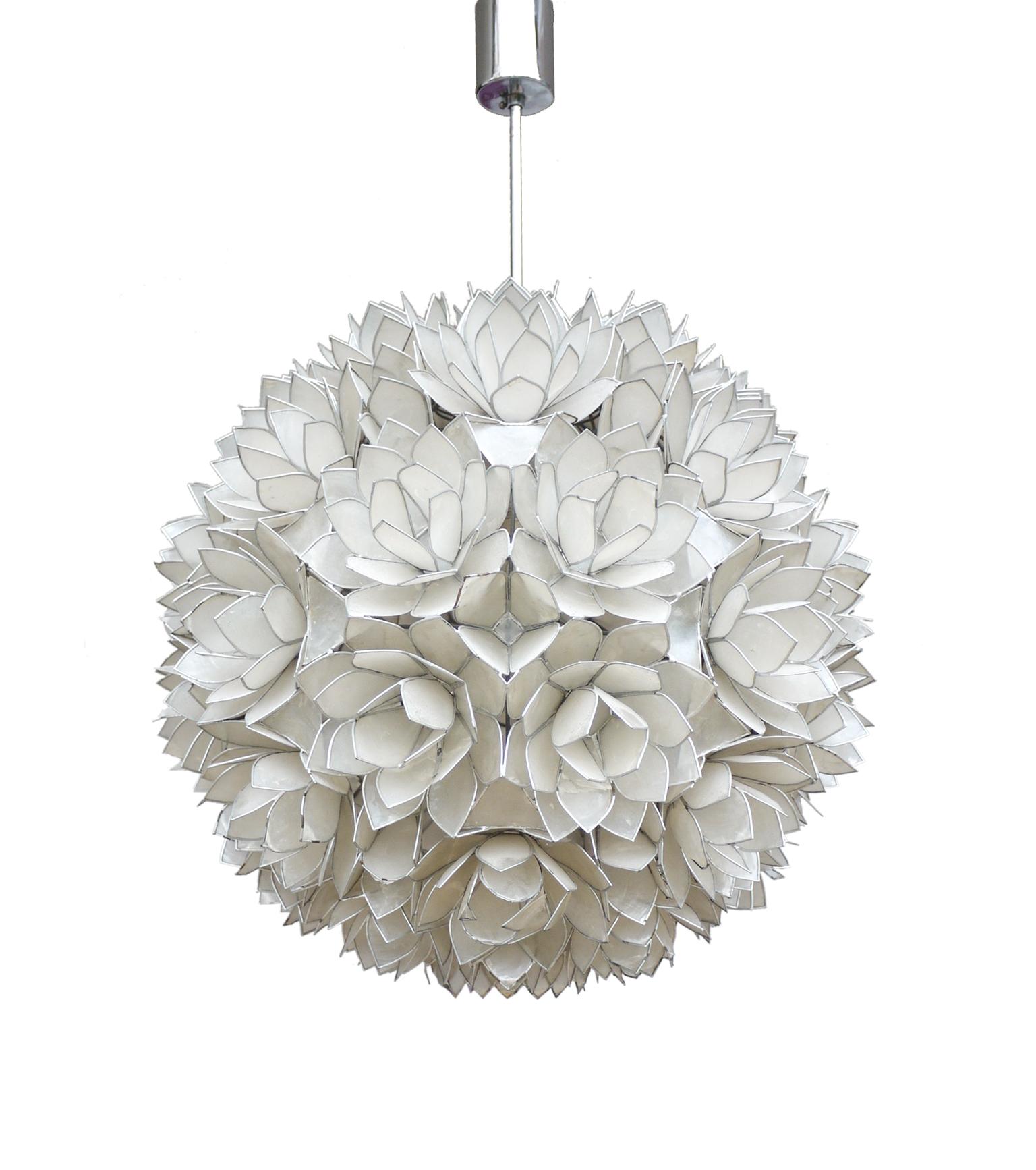 Elegant large globular pendant light made in the 1960s. Handcrafted and assembled in a lotus flower pattern. 

Measures: diameter 19.7” (55 cm), height 31.5