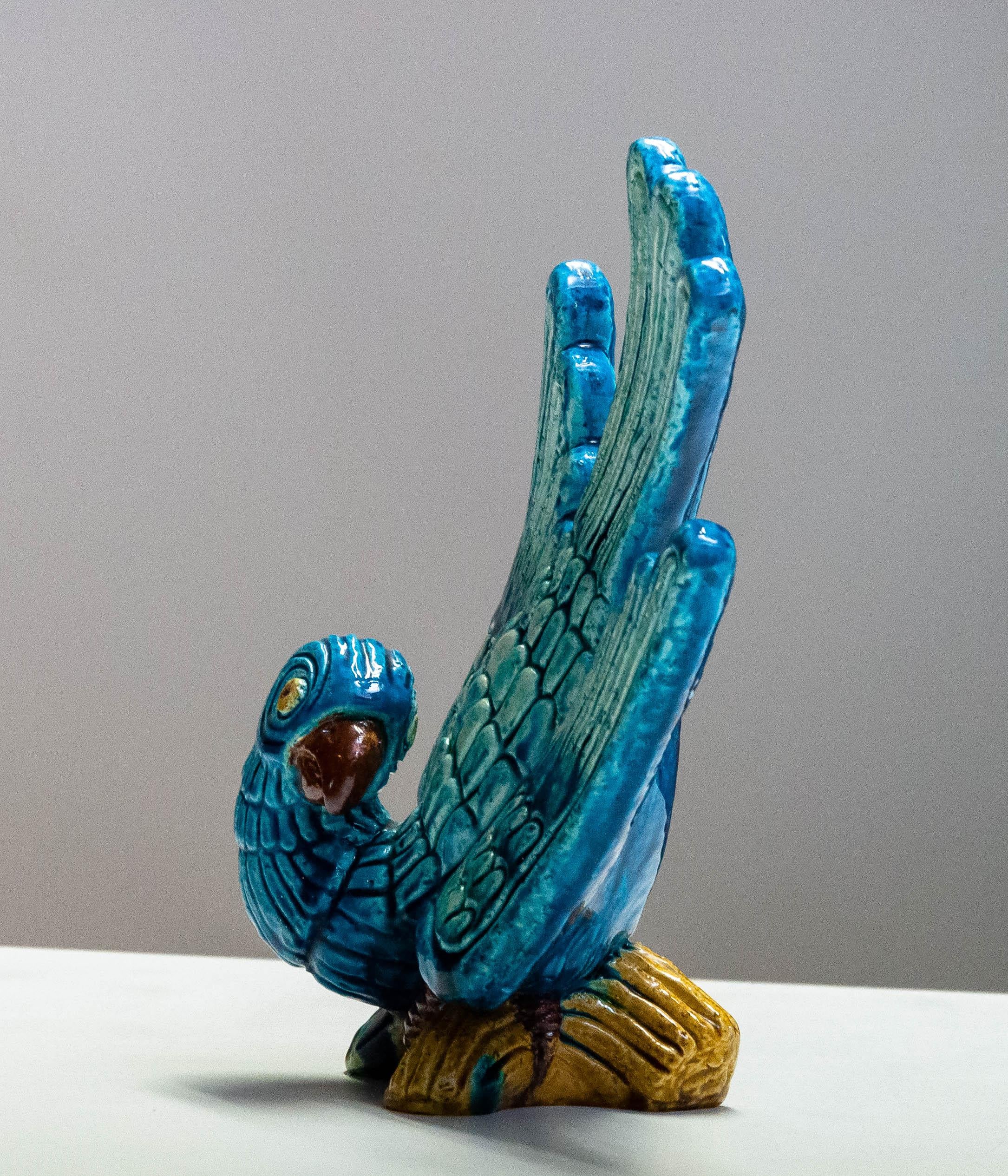 Brutalist 1960 Large Glazed Ceramic / Chamotte Blue Parrot By Gunnar Nylund For Rörstrand  For Sale
