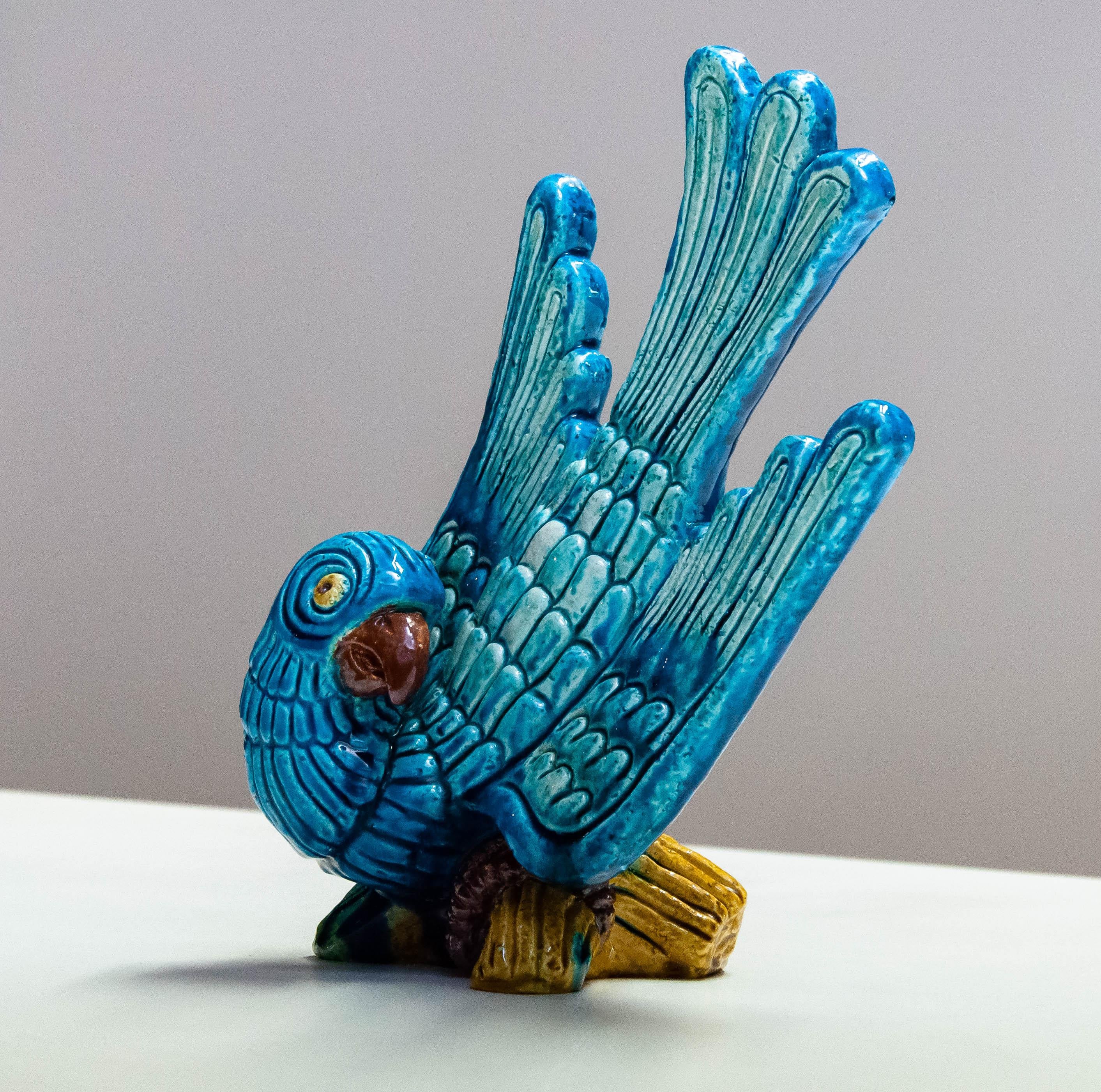 1960 Large Glazed Ceramic / Chamotte Blue Parrot By Gunnar Nylund For Rörstrand  For Sale 2