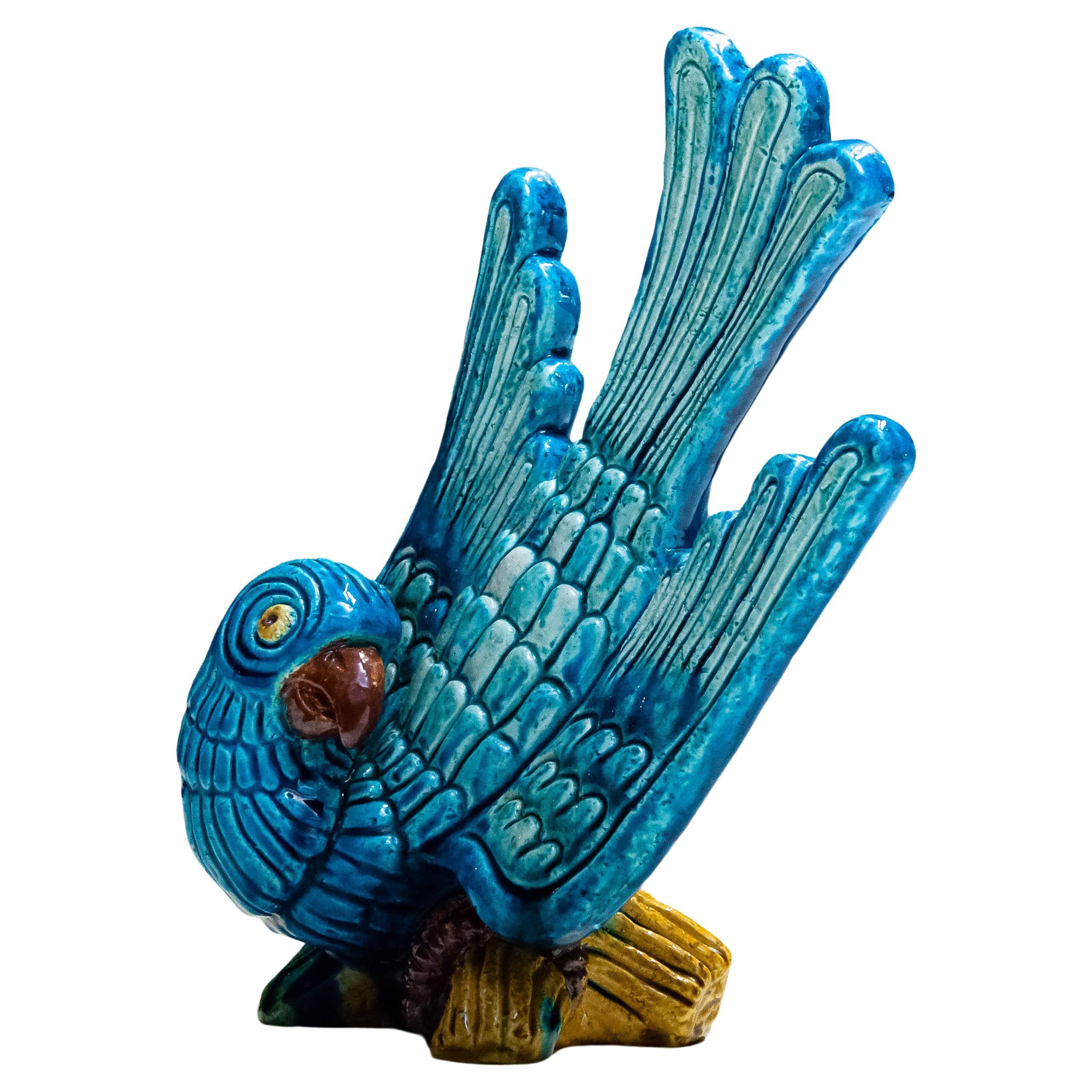 1960 Large Glazed Ceramic / Chamotte Blue Parrot By Gunnar Nylund For Rörstrand  For Sale