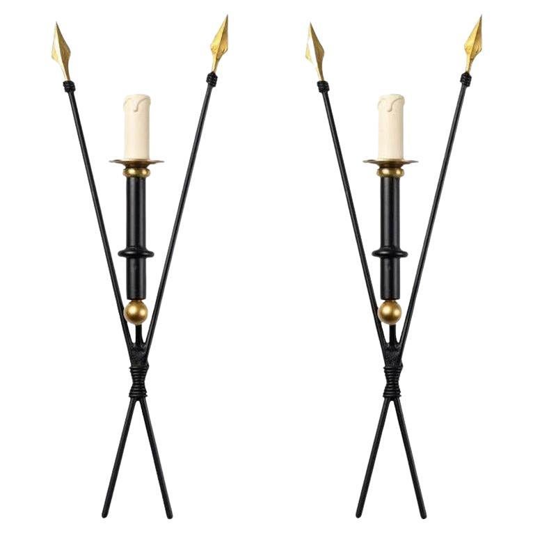 1960 Large Pair of Arrows Wall Lights Maison Honoré "Flèches Croisées"