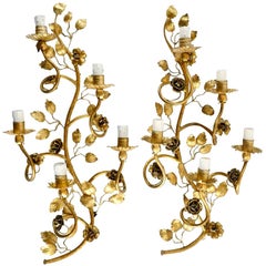 1960 Large Pair of Golden "Rosier Sauvage" Wall Lights from Maison FlorArt