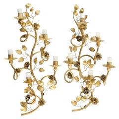 1960, Large Pair of Sconces "Rosiers Sauvages" Gilded by Maison FlorArt
