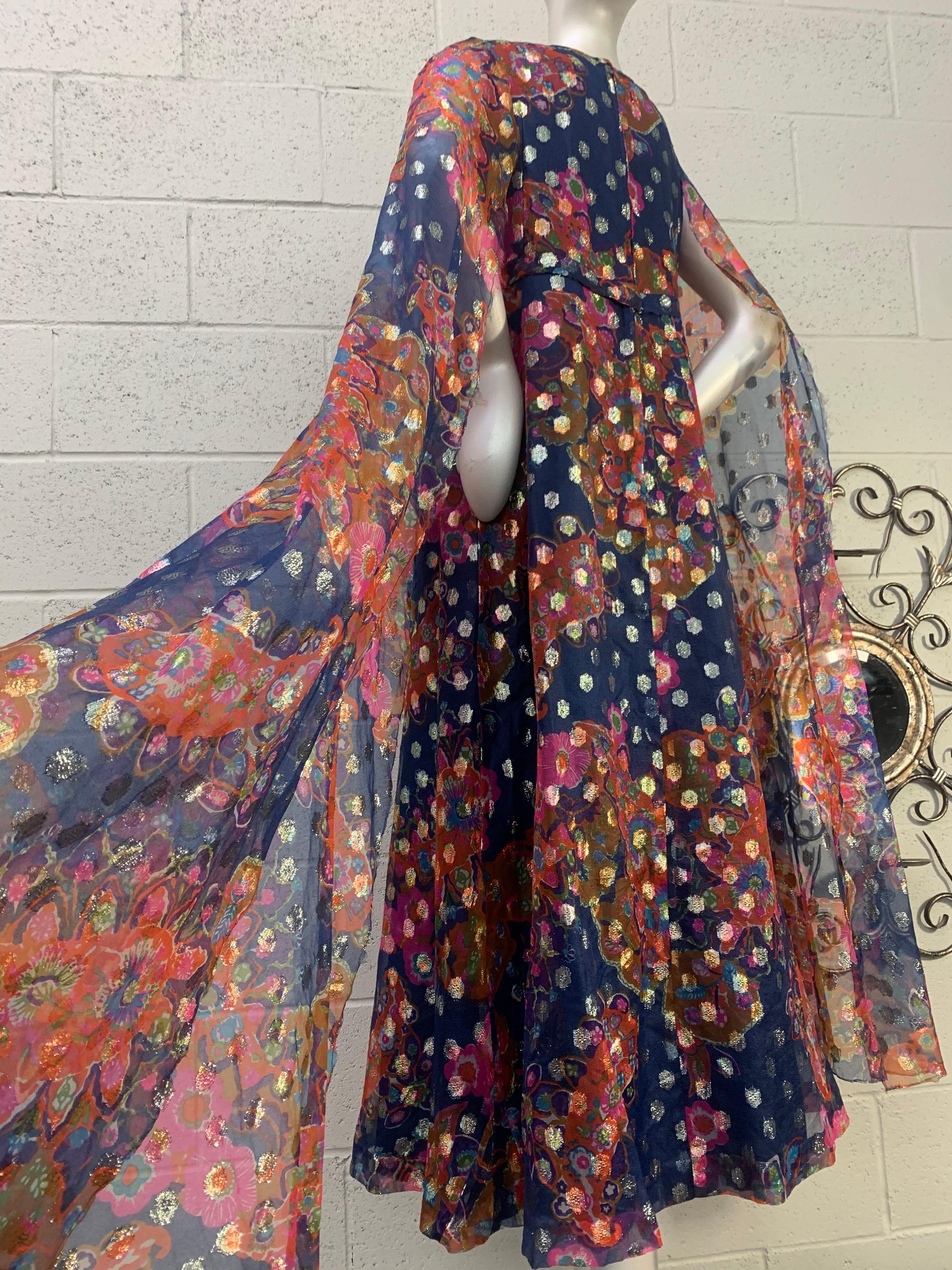 1960 Lilija Necis Polka Dot Lame Organza Caftan Gown w Floral Color Print In Excellent Condition For Sale In Gresham, OR
