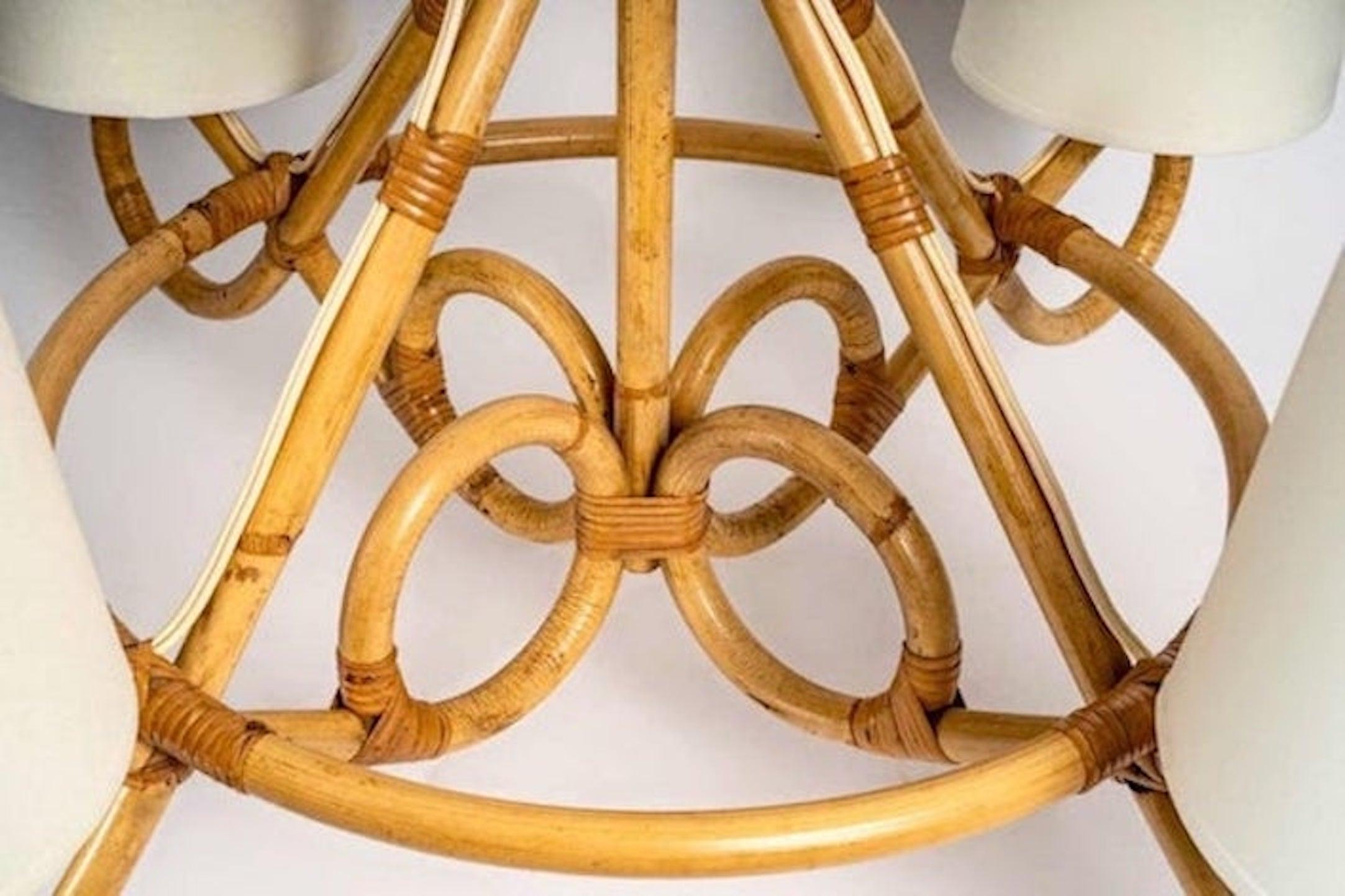 French 1960 Louis Sognot Rattan Chandelier