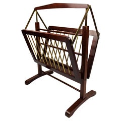 Vintage 1960 Magazine rack in Walnut and Brass by Cesare Lacca Italy 