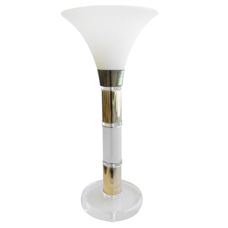 1960 MCM Lucite Table Torchiere Lamp, Frosted Glass Shade For Sale