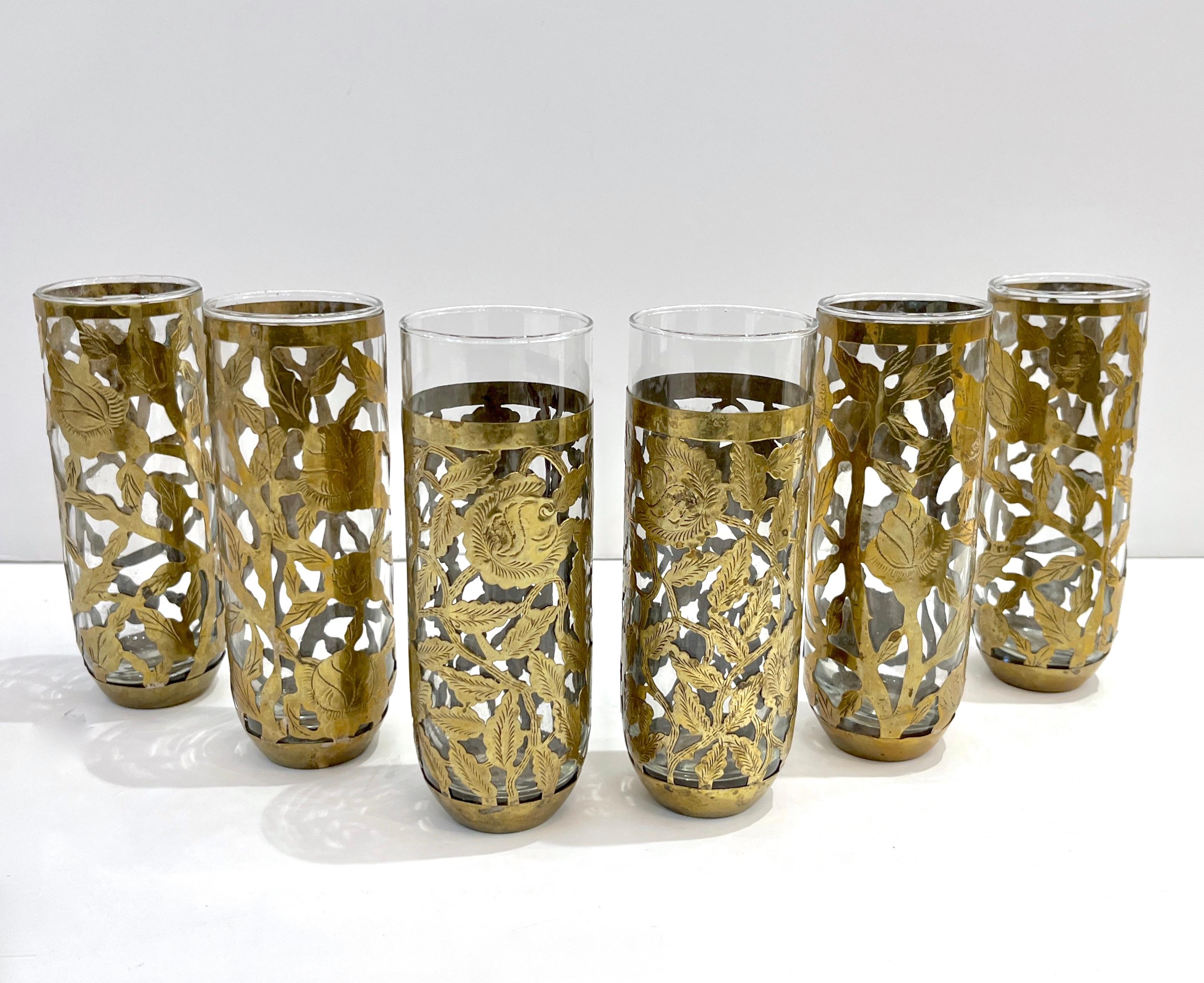 1960 Mexican Set 4 Drinking Glasses Encased in Etched Cutwork Floral Brass Decor 3