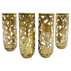 Vintage 1960 Mexican Set 4 Drinking Glasses Encased in Etched Cutwork Floral Brass Decor