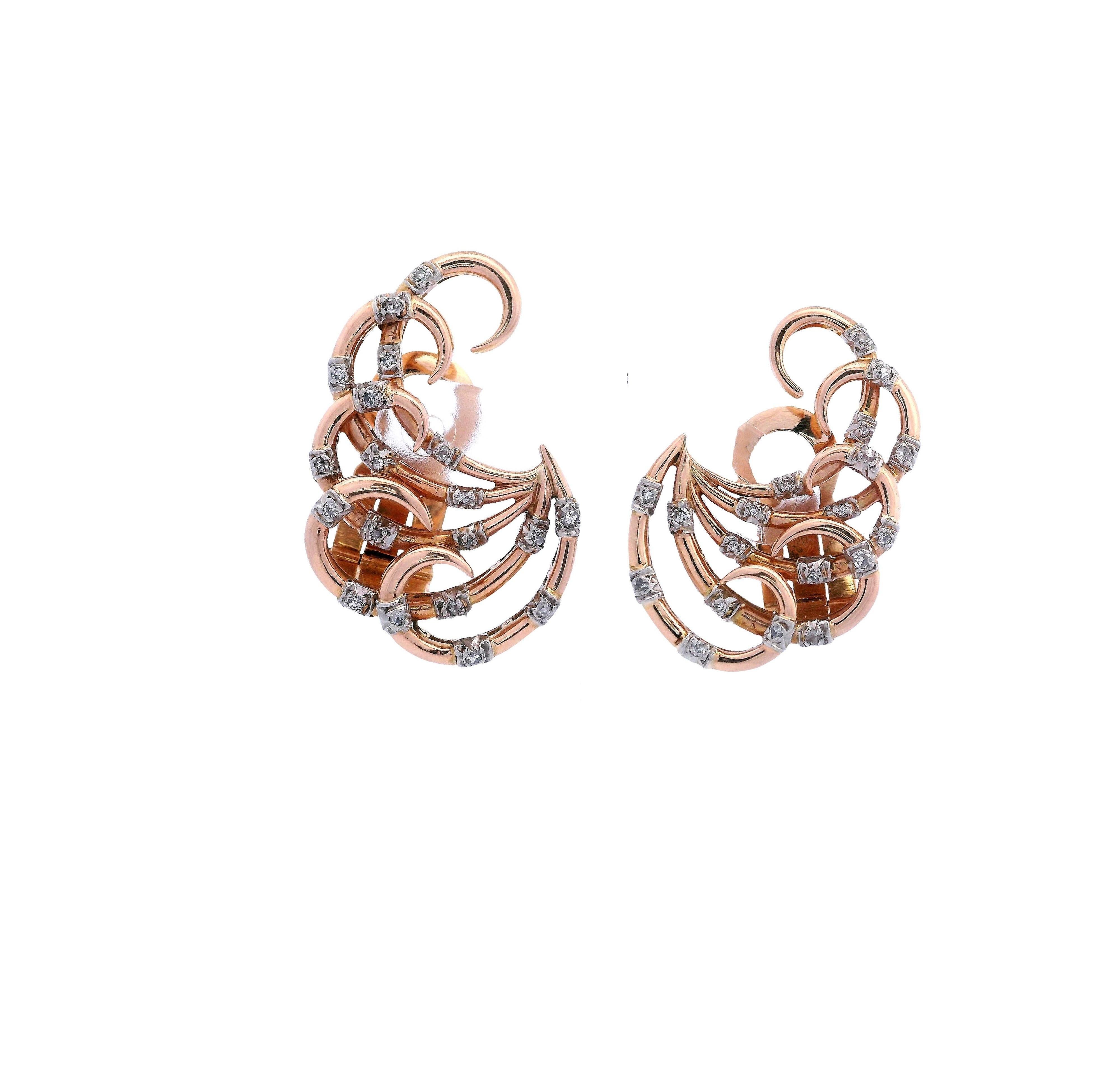 Taglio singolo Orecchini in oro rosa 18kt del 1960, metà del secolo scorso, con diamanti in vendita