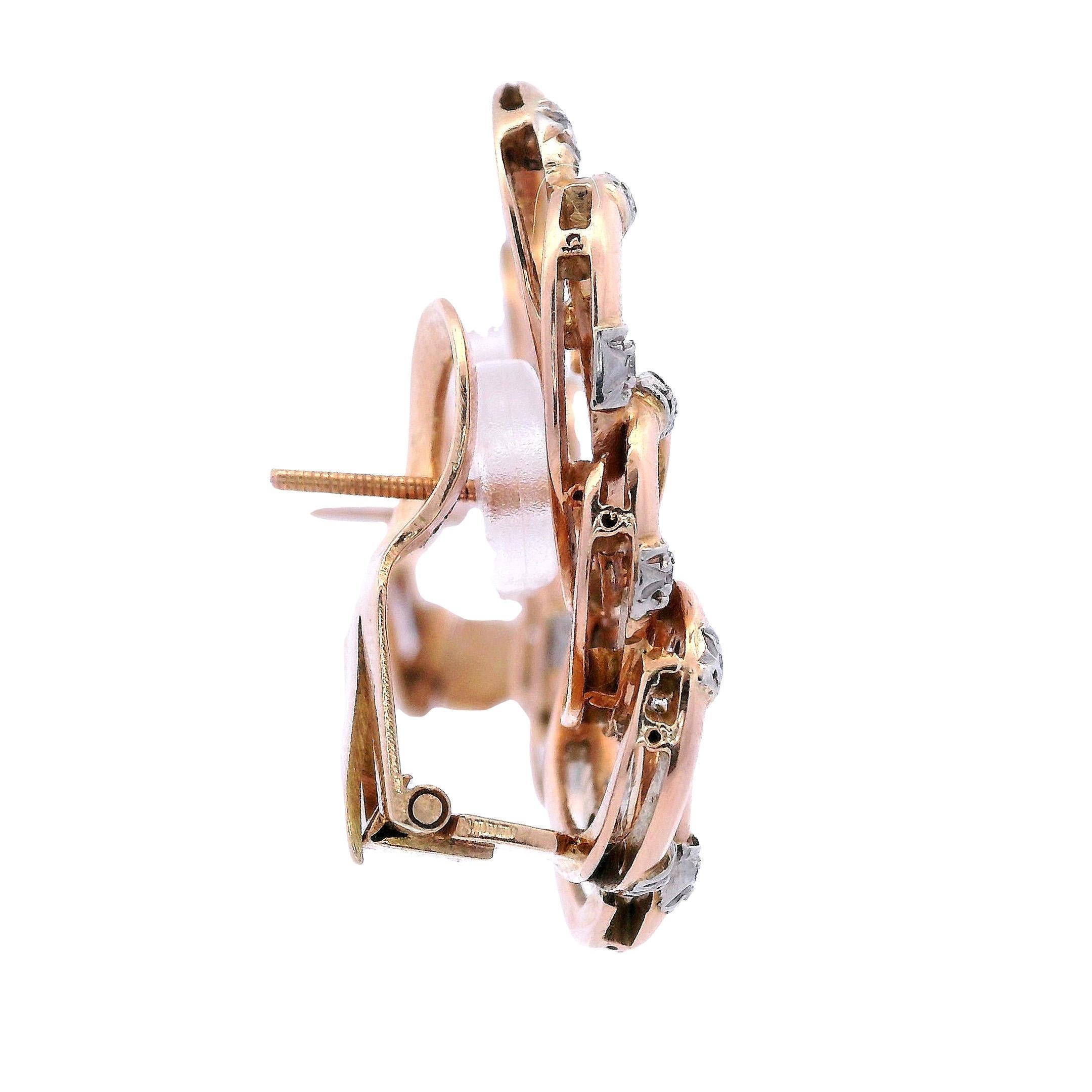 Orecchini in oro rosa 18kt del 1960, metà del secolo scorso, con diamanti In condizioni buone in vendita a Aventura, FL