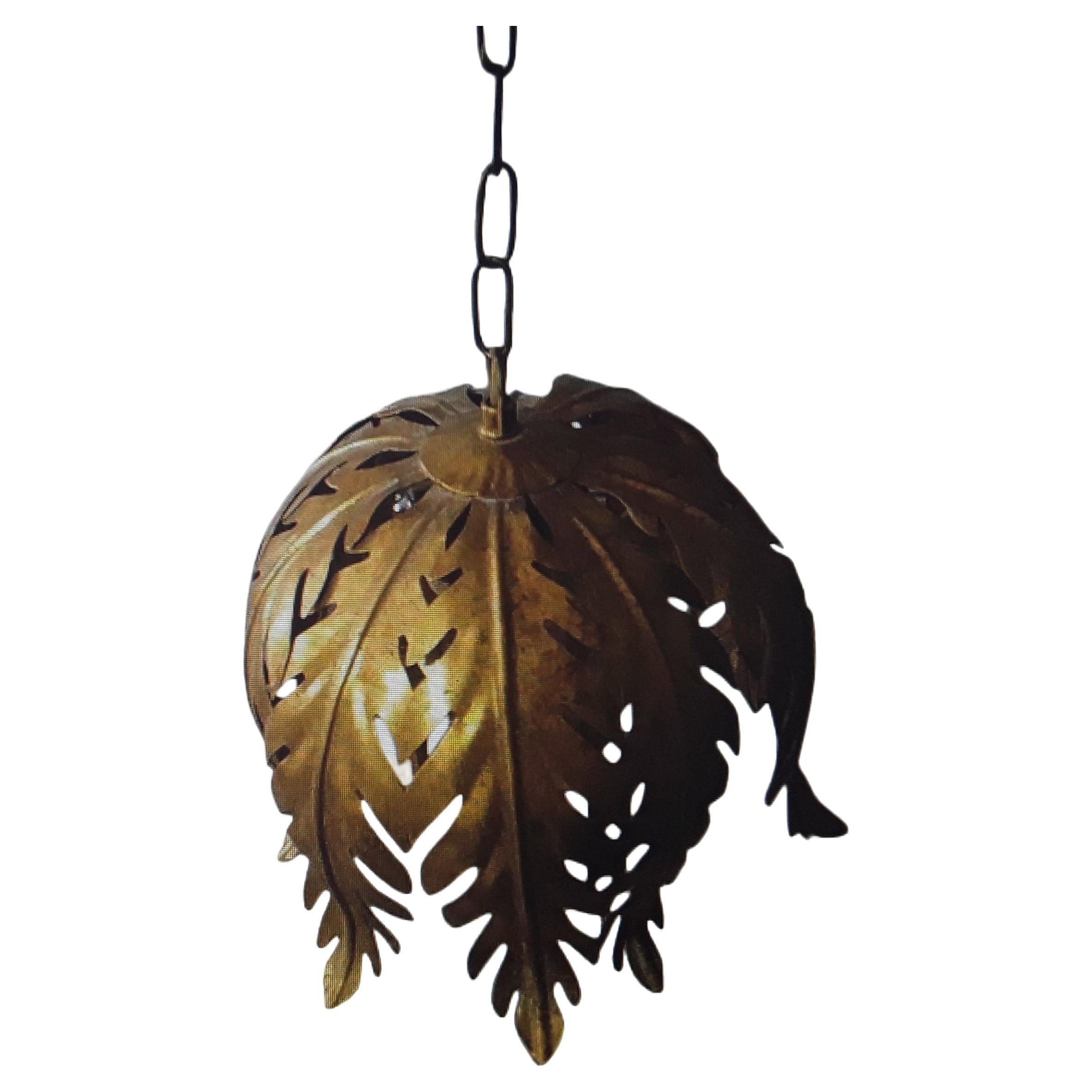1960 Mid Century Dore "Feuillage" Palm Ceiling Pendant/Chandelier att. Hans Kogl For Sale
